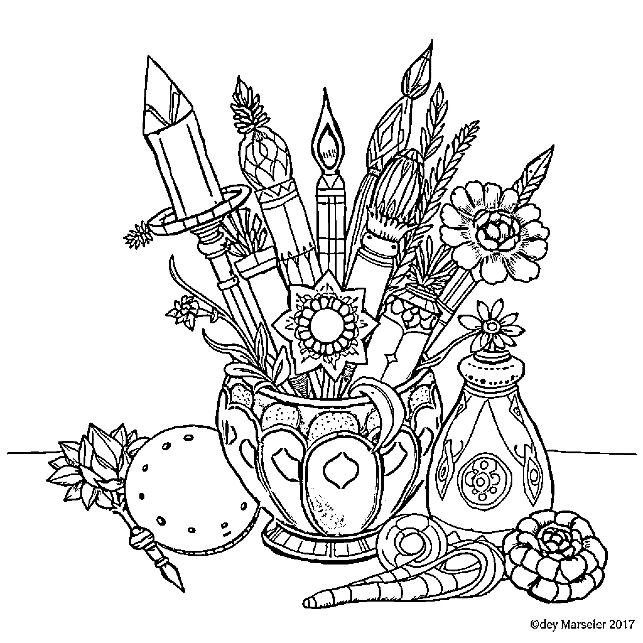 Rumi's Artistic Treasures: A Vibrant Display Coloring Page (free black-and-white line drawing printable PDF for all, from beginners to advanced learners, including children, teens, adults, and seniors)