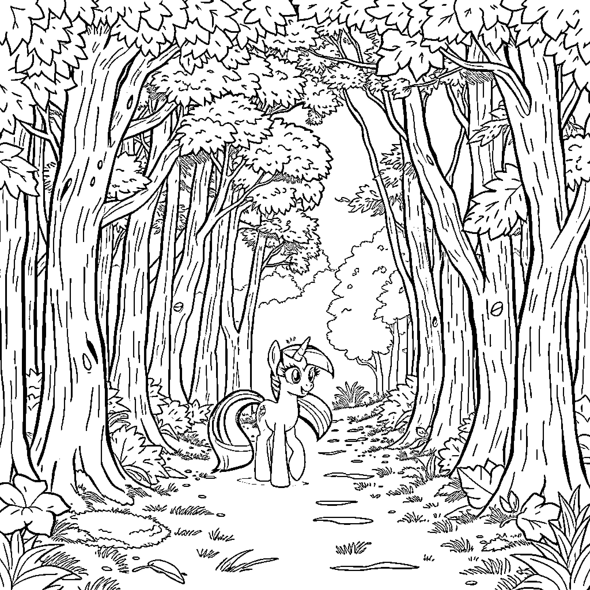 Twilight Sparkle exploring the magical forest Coloring Page (free black-and-white line drawing printable PDF for all, from beginners to advanced learners, including children, teens, adults, and seniors)
