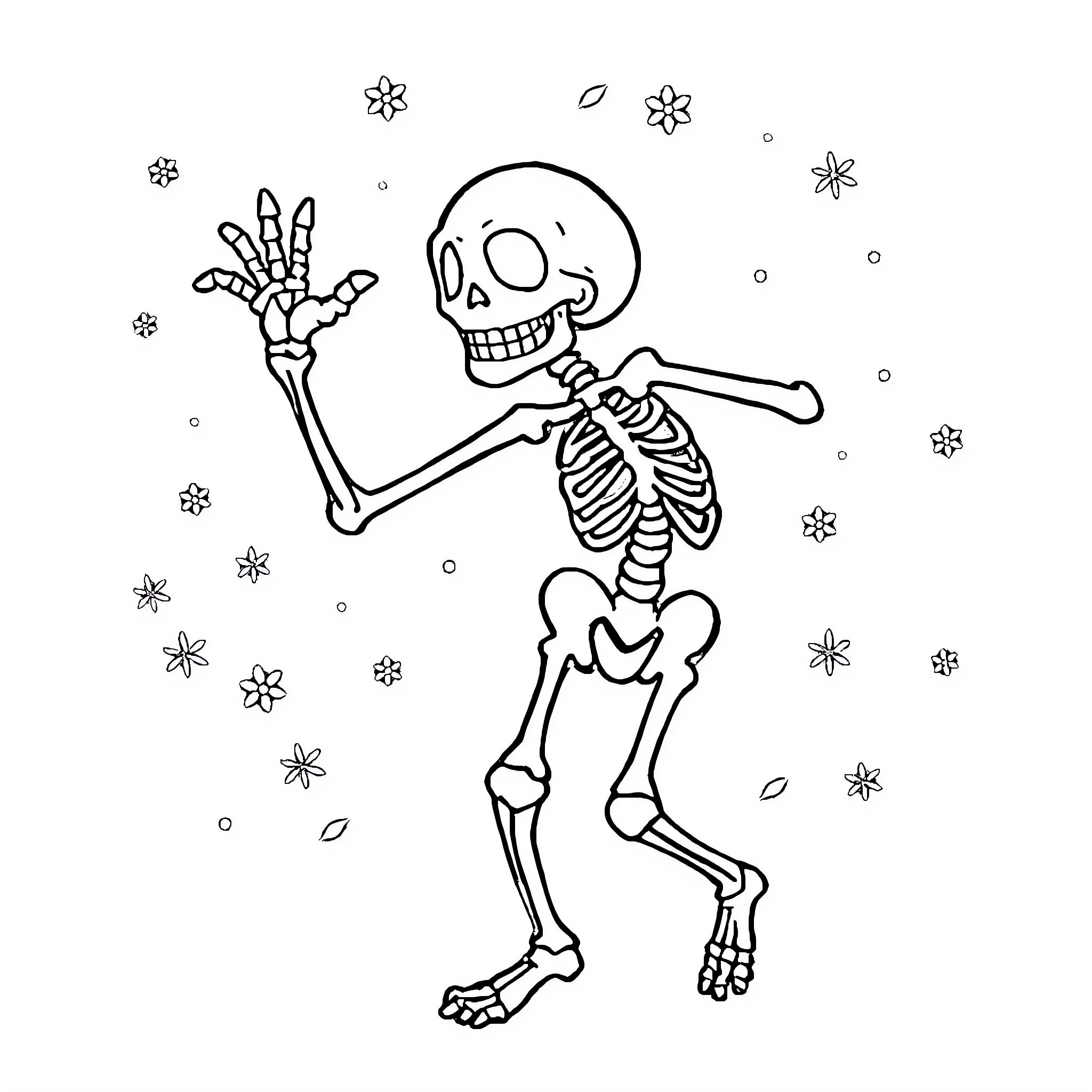 Skeleton dancing joyfully in snowy scene Coloring Page (free black-and-white line drawing printable PDF for all, from beginners to advanced learners, including children, teens, adults, and seniors)