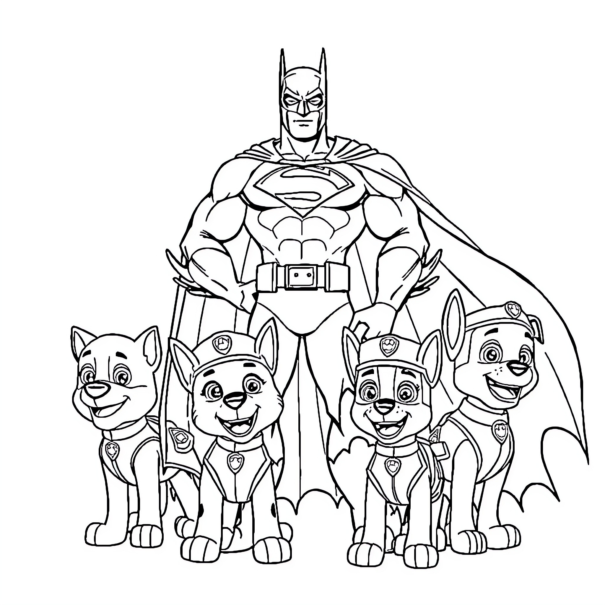 Batman teams up with cartoon pups in action-packed scene Coloring Page (free black-and-white line drawing printable PDF for all, from beginners to advanced learners, including children, teens, adults, and seniors)