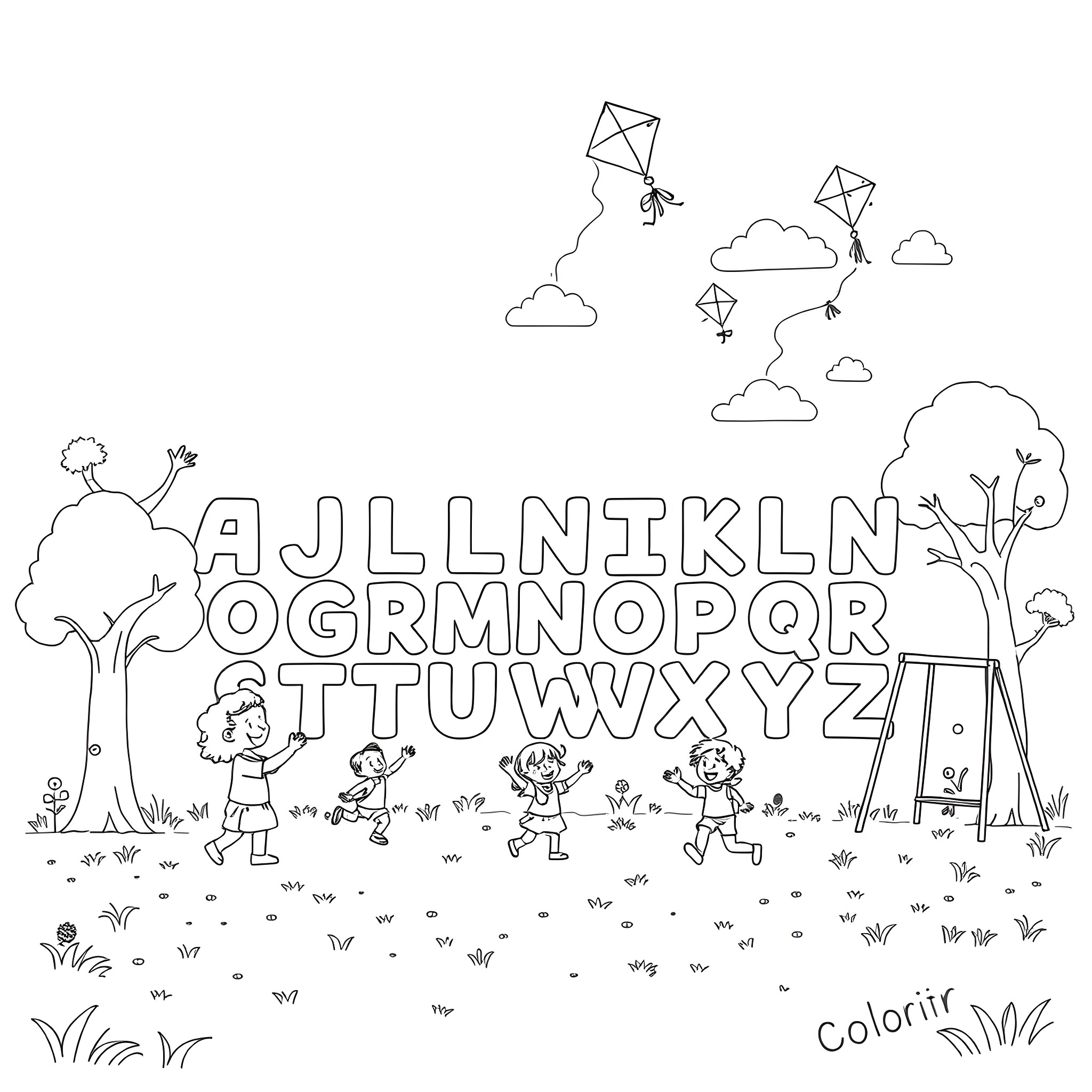 Alphabet children playing happily in the park Coloring Page (free black-and-white line drawing printable PDF for all, from beginners to advanced learners, including children, teens, adults, and seniors)