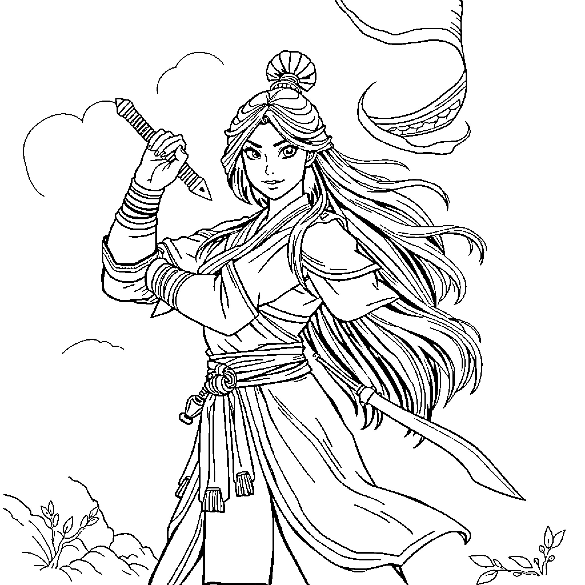 Mulan in Warrior Attire, Wielding a Sword with Determination Coloring Page (free black-and-white line drawing printable PDF for all, from beginners to advanced learners, including children, teens, adults, and seniors)