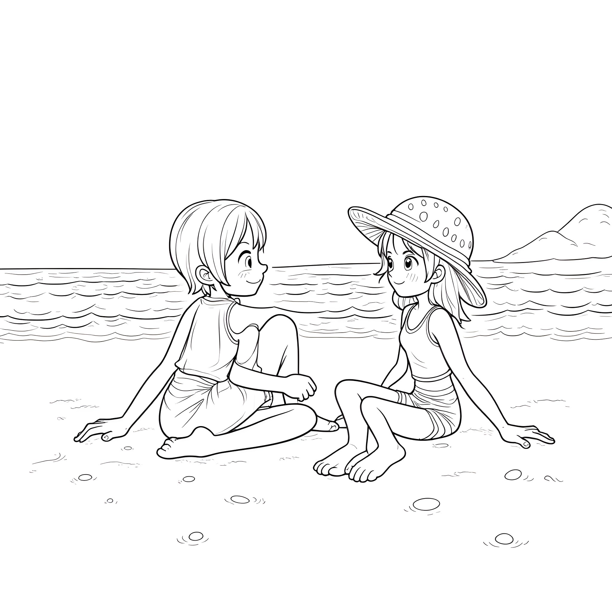 Nami and friends enjoying a beach day Coloring Page (free black-and-white line drawing printable PDF for all, from beginners to advanced learners, including children, teens, adults, and seniors)