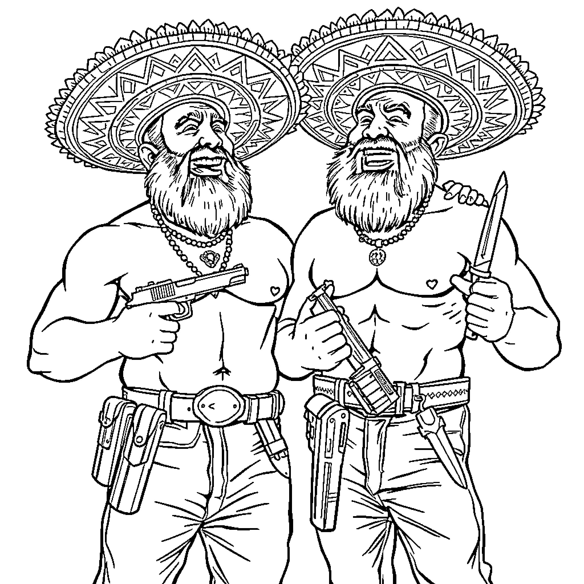 Mexican men in traditional hats wielding firearms Coloring Page (free black-and-white line drawing printable PDF for all, from beginners to advanced learners, including children, teens, adults, and seniors)