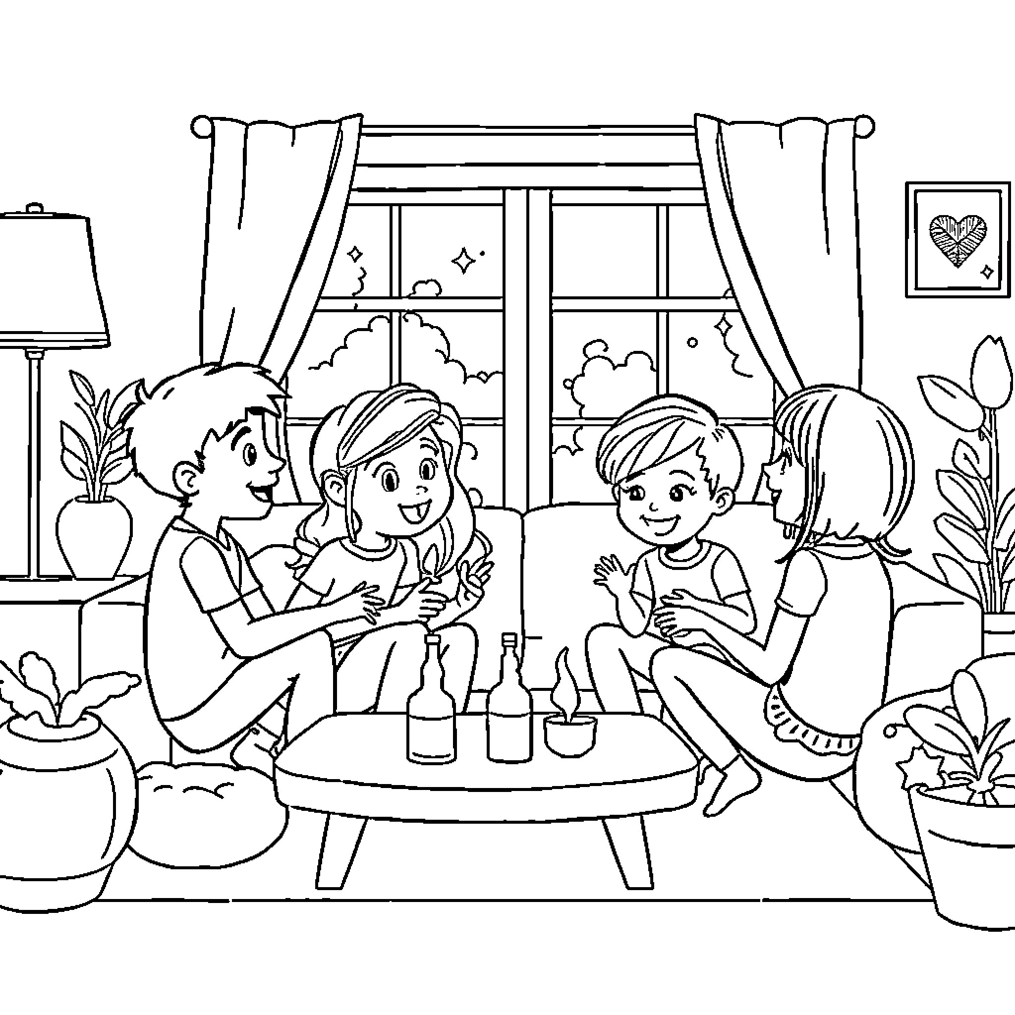 Bluey's family enjoying a cozy evening at home Coloring Page (free black-and-white line drawing printable PDF for all, from beginners to advanced learners, including children, teens, adults, and seniors)