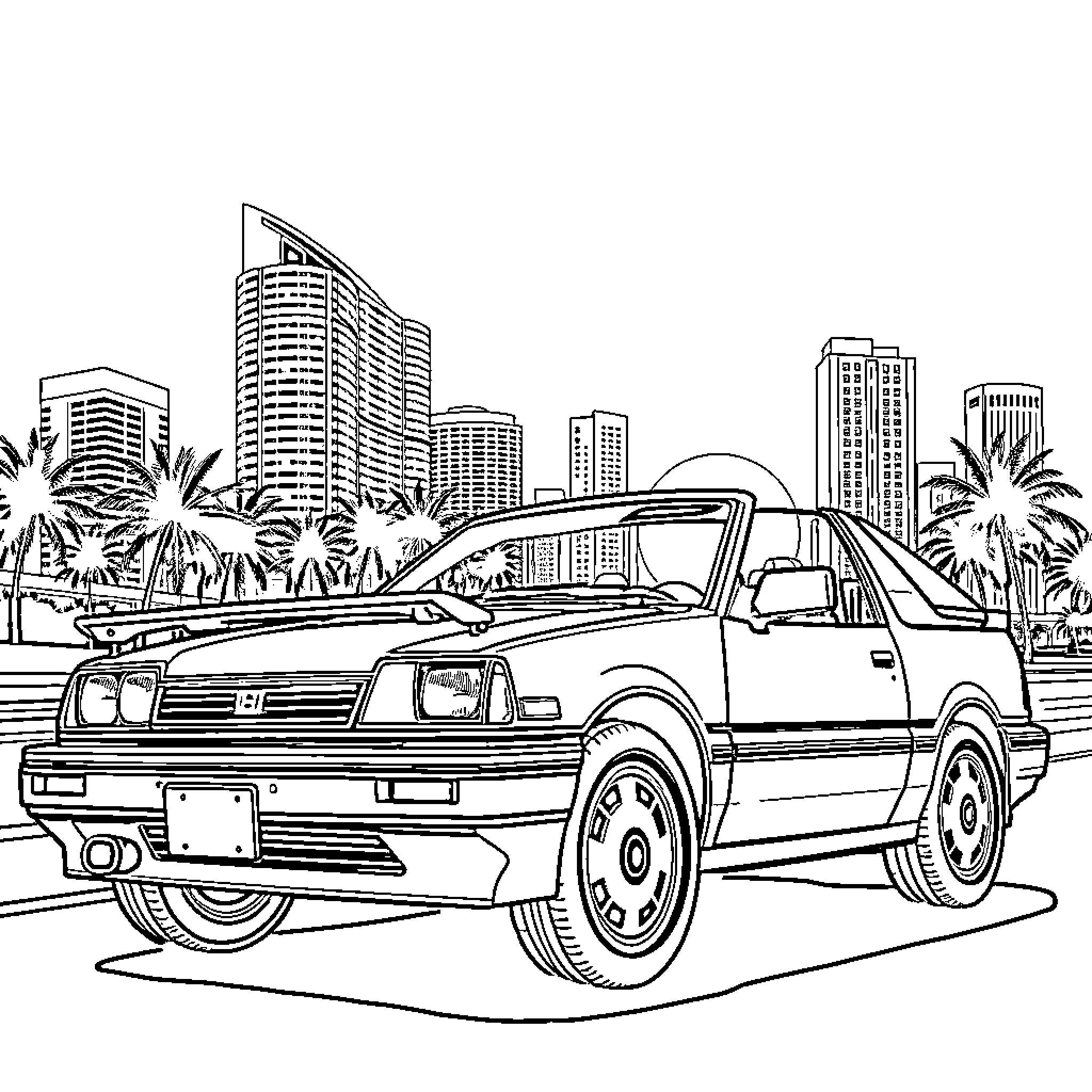 Honda CRX in urban cityscape with palm trees Coloring Page (free black-and-white line drawing printable PDF for all, from beginners to advanced learners, including children, teens, adults, and seniors)