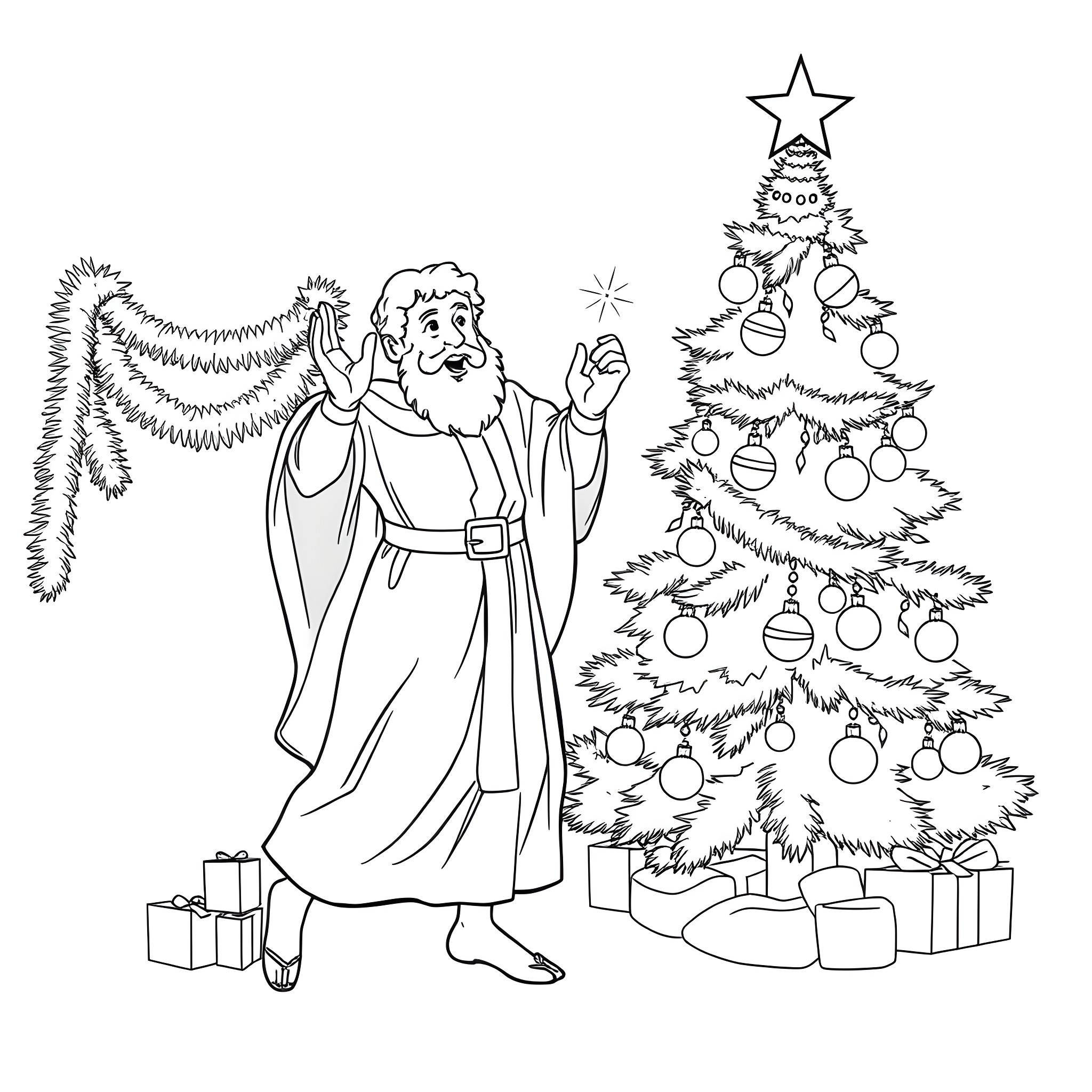 St Peter Decorating the Christmas Tree Coloring Page (free black-and-white line drawing printable PDF for all, from beginners to advanced learners, including children, teens, adults, and seniors)