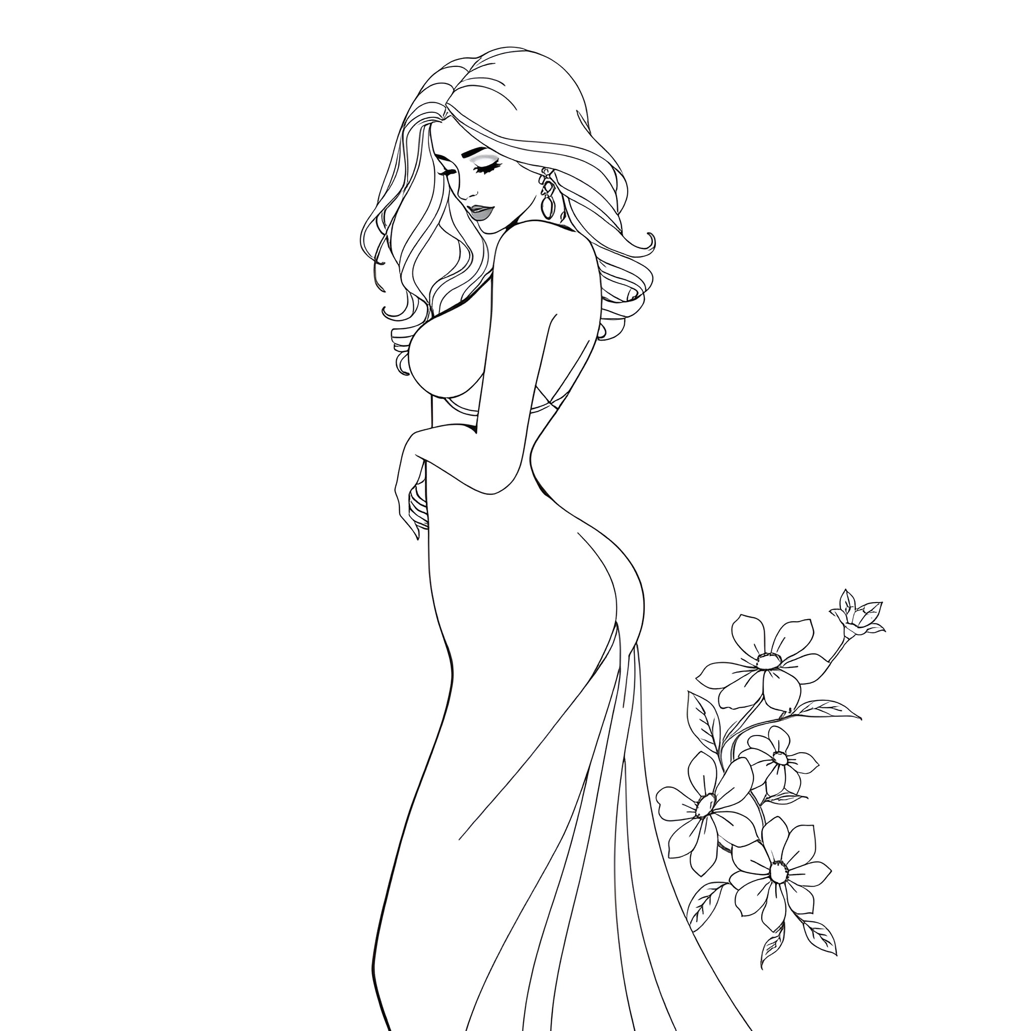 Breast beauty in flowing dress with floral accents Coloring Page (free black-and-white line drawing printable PDF for all, from beginners to advanced learners, including children, teens, adults, and seniors)