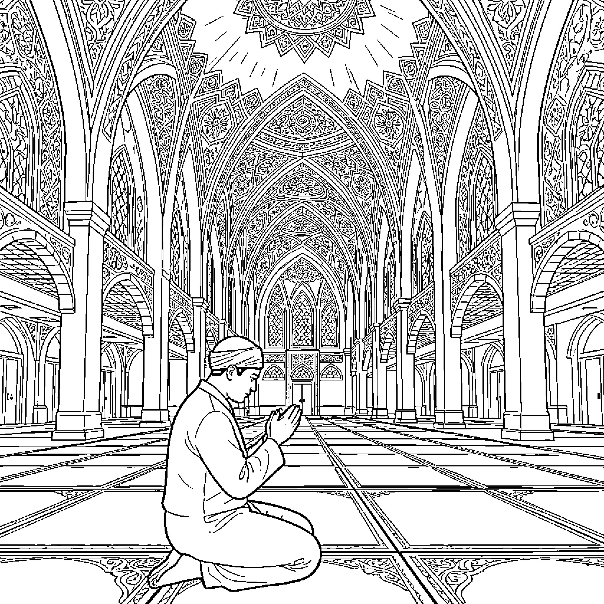 Muslim man praying peacefully inside a grand mosque Coloring Page (free black-and-white line drawing printable PDF for all, from beginners to advanced learners, including children, teens, adults, and seniors)