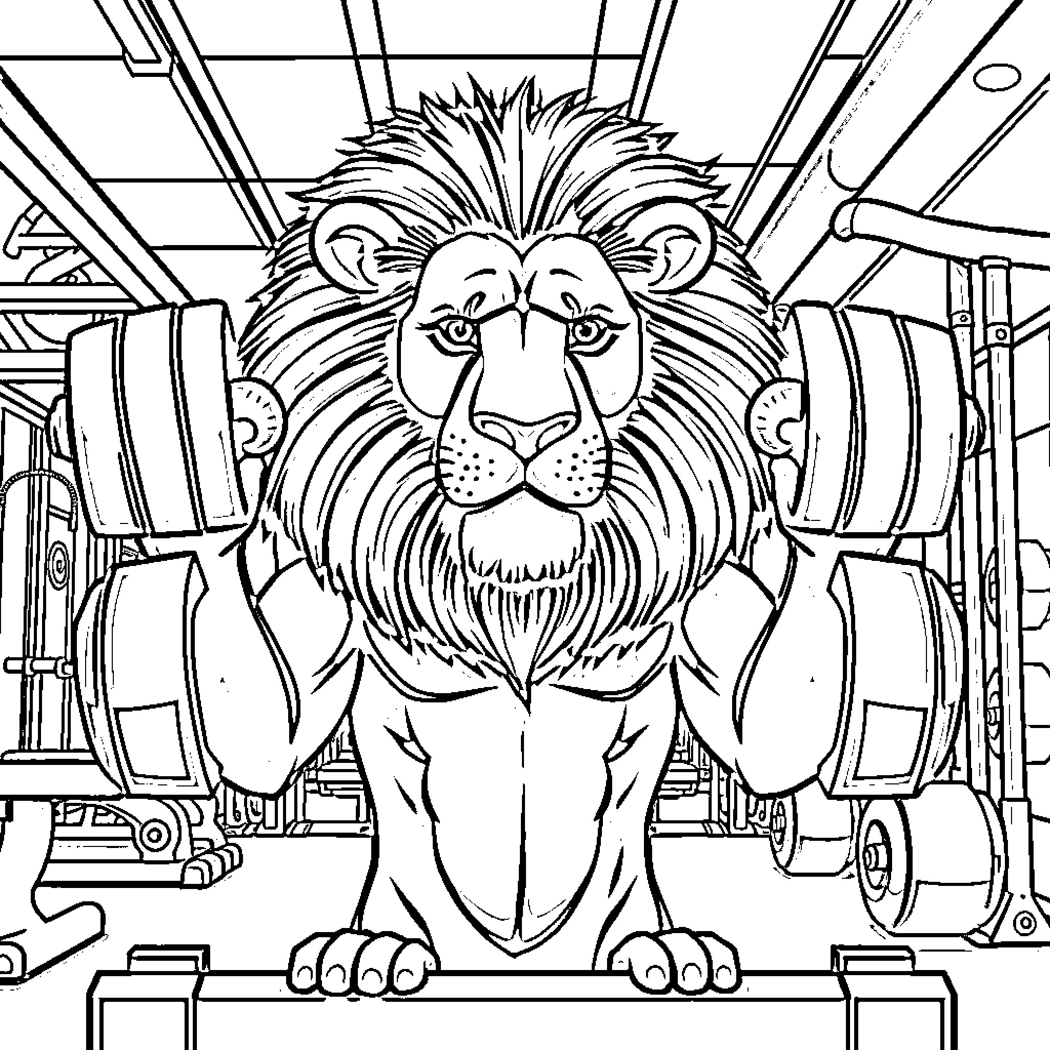 Lion lifting weights in a gym Coloring Page (free black-and-white line drawing printable PDF for all, from beginners to advanced learners, including children, teens, adults, and seniors)