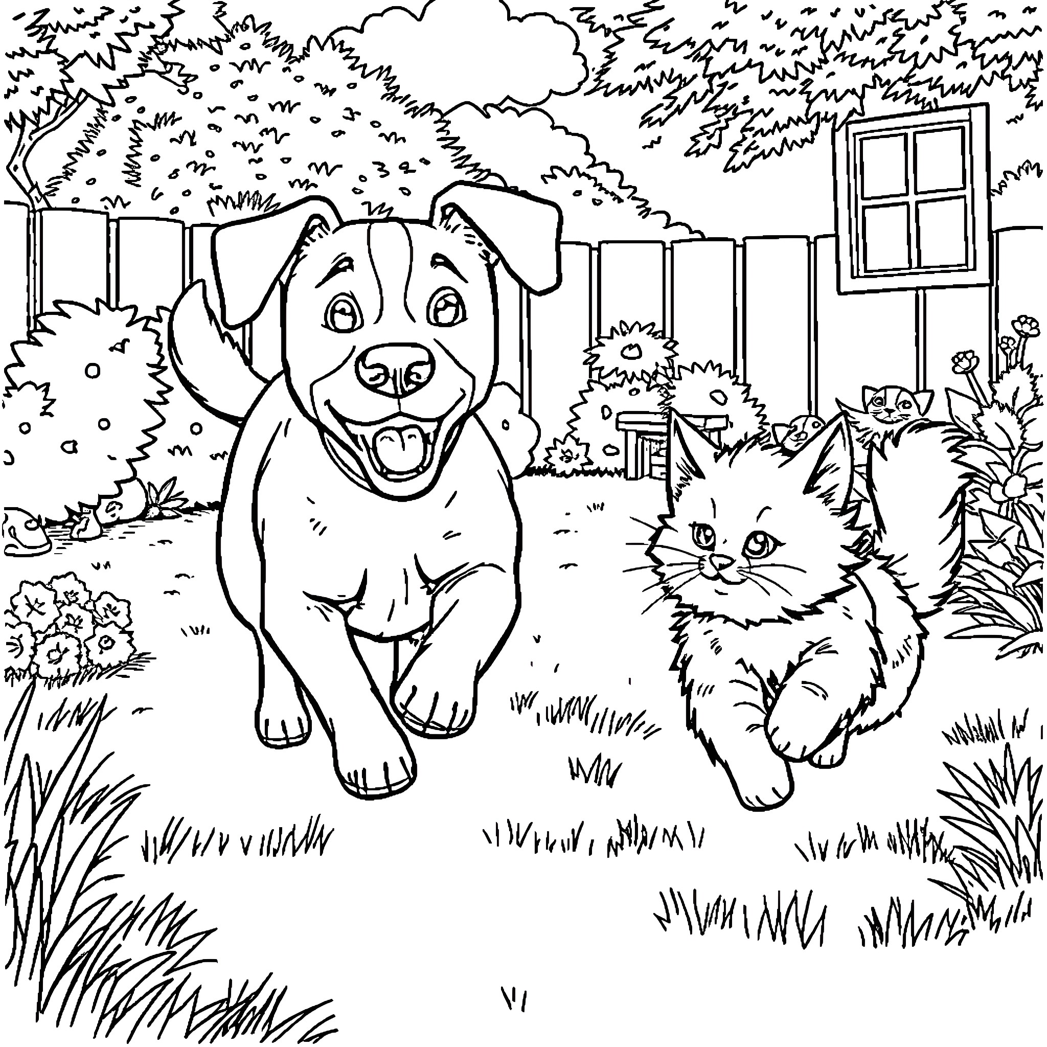 Cat and Puppy Enjoying the Outdoors Coloring Page (free black-and-white line drawing printable PDF for all, from beginners to advanced learners, including children, teens, adults, and seniors)