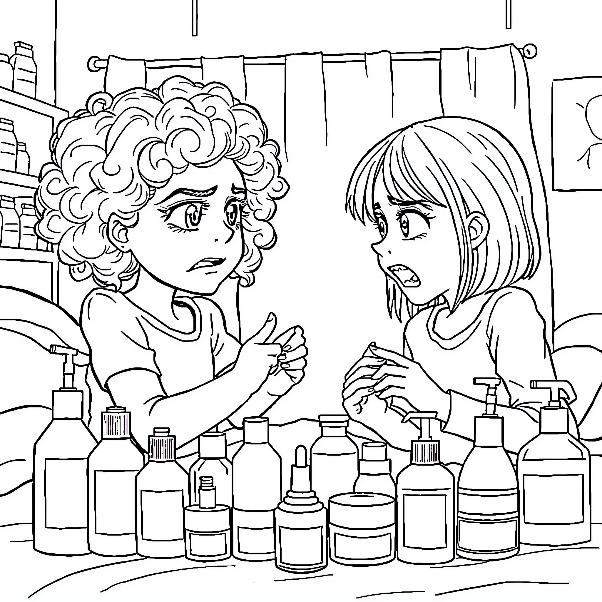 Girl examining various beauty products with friend Coloring Page (free black-and-white line drawing printable PDF for all, from beginners to advanced learners, including children, teens, adults, and seniors)