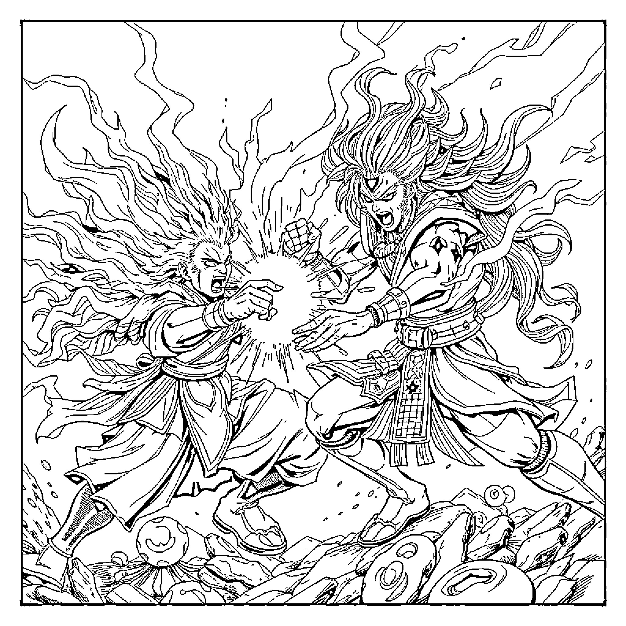 Mahoraga - Fierce Mythological Battle Coloring Page (free black-and-white line drawing printable PDF for all, from beginners to advanced learners, including children, teens, adults, and seniors)