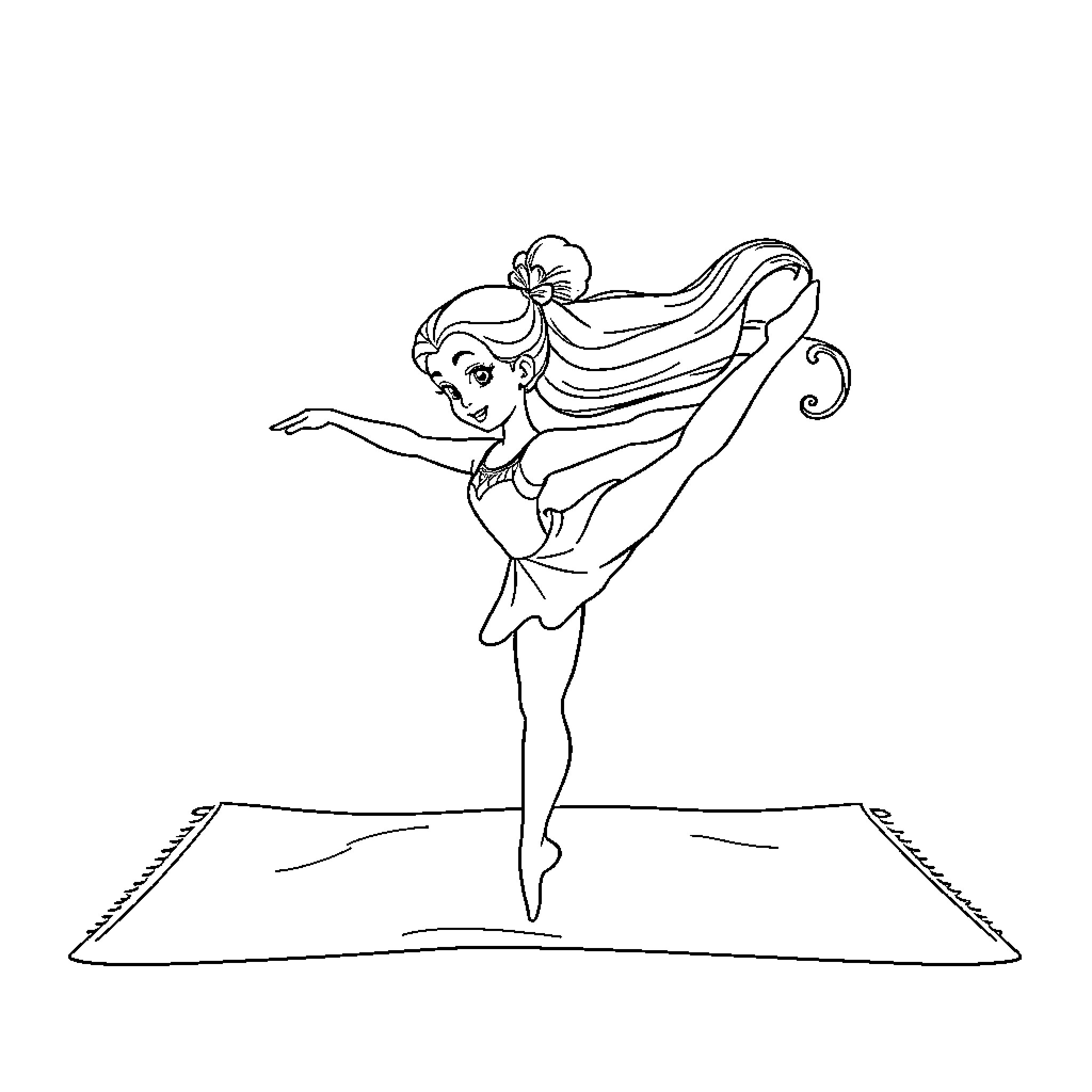 Princess performing ballet dance on stage Coloring Page (free black-and-white line drawing printable PDF for all, from beginners to advanced learners, including children, teens, adults, and seniors)