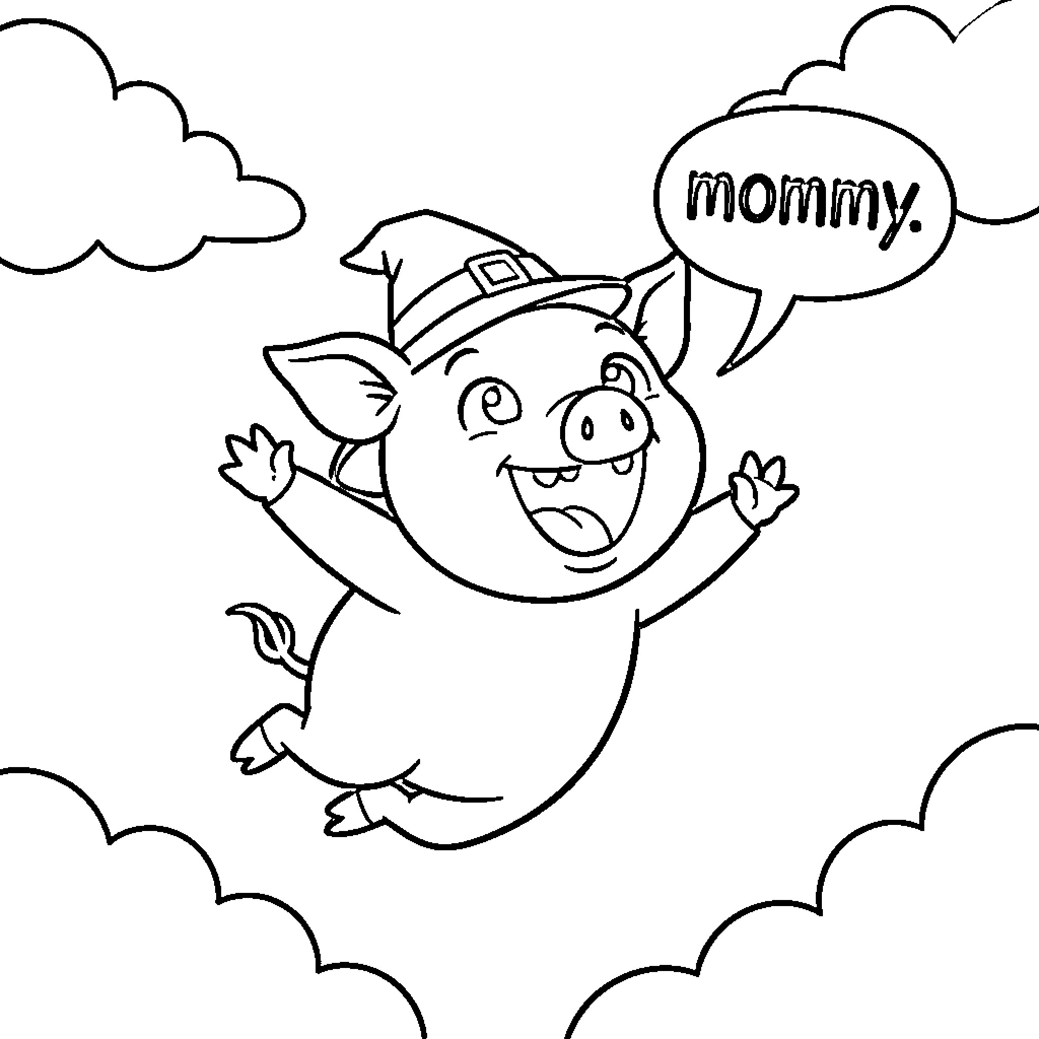 Pig happily calling for mommy in the sky Coloring Page (free black-and-white line drawing printable PDF for all, from beginners to advanced learners, including children, teens, adults, and seniors)