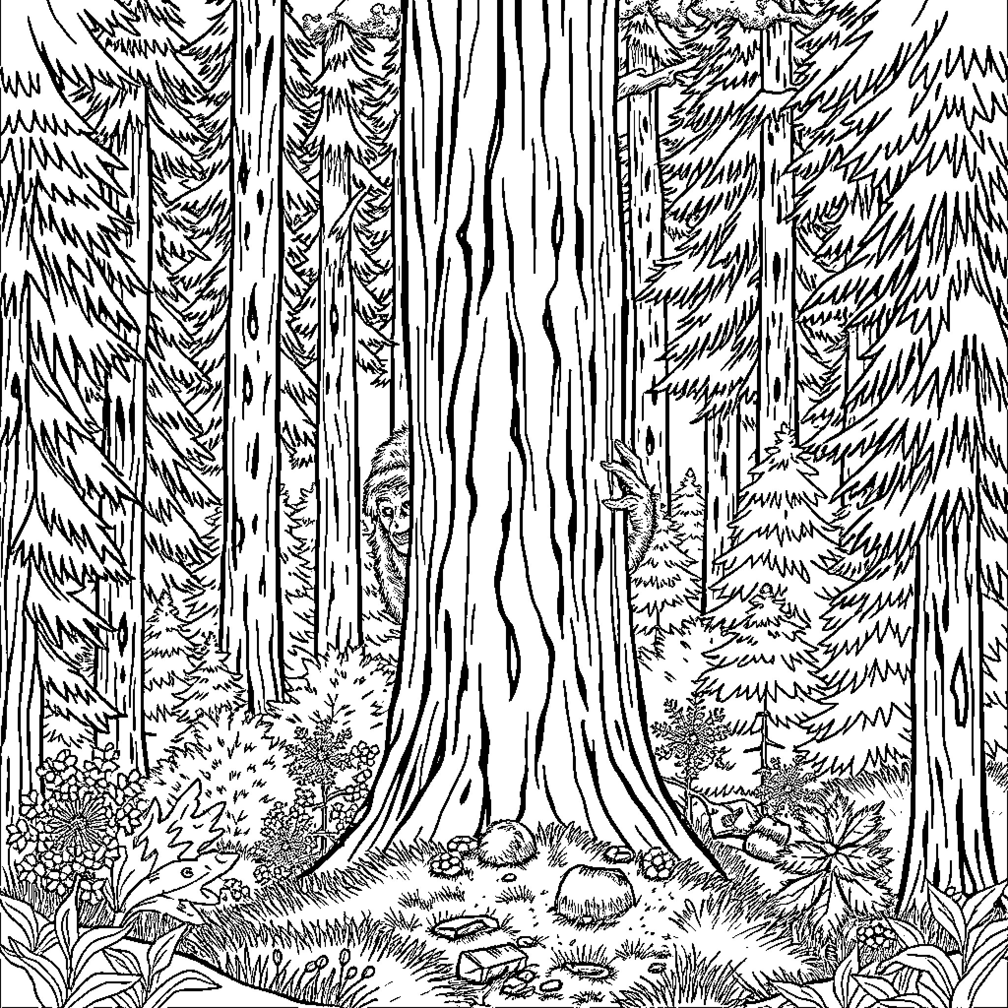 Bigfoot exploring the mysterious forest landscape Coloring Page (free black-and-white line drawing printable PDF for all, from beginners to advanced learners, including children, teens, adults, and seniors)