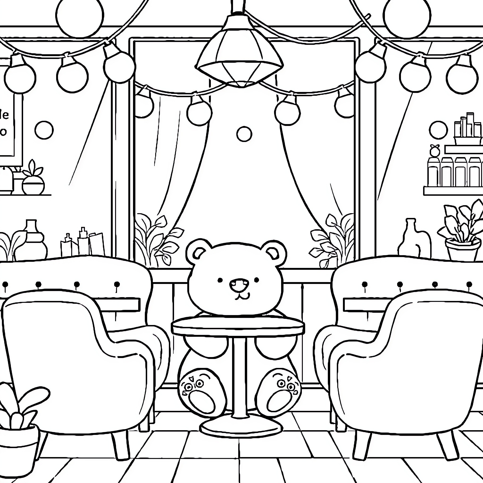 Bear relaxing in cozy living room Coloring Page (free black-and-white line drawing printable PDF for all, from beginners to advanced learners, including children, teens, adults, and seniors)