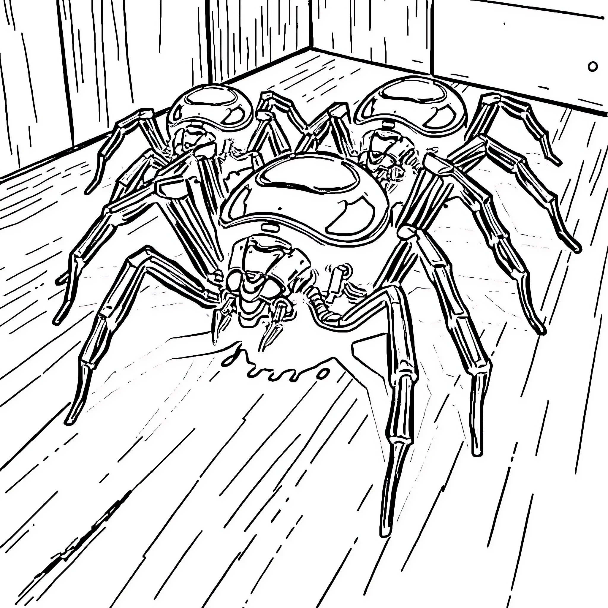 Spider Robots Crawling Menacingly in Monochrome Coloring Page (free black-and-white line drawing printable PDF for all, from beginners to advanced learners, including children, teens, adults, and seniors)