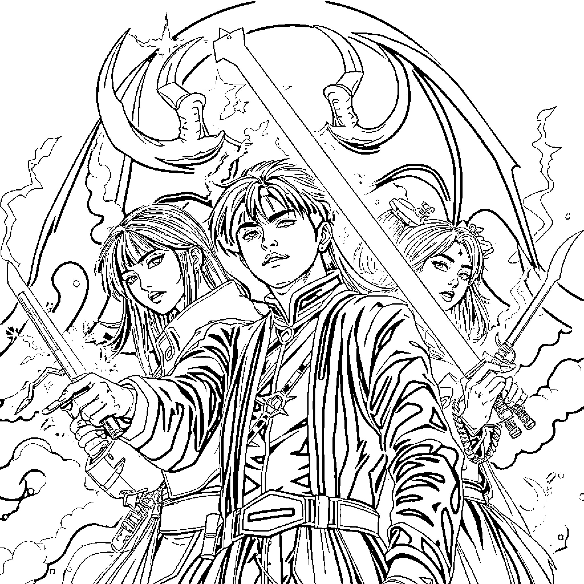 Demon Hunter Trio Wielding Weapons in Dramatic Pose Coloring Page (free black-and-white line drawing printable PDF for all, from beginners to advanced learners, including children, teens, adults, and seniors)