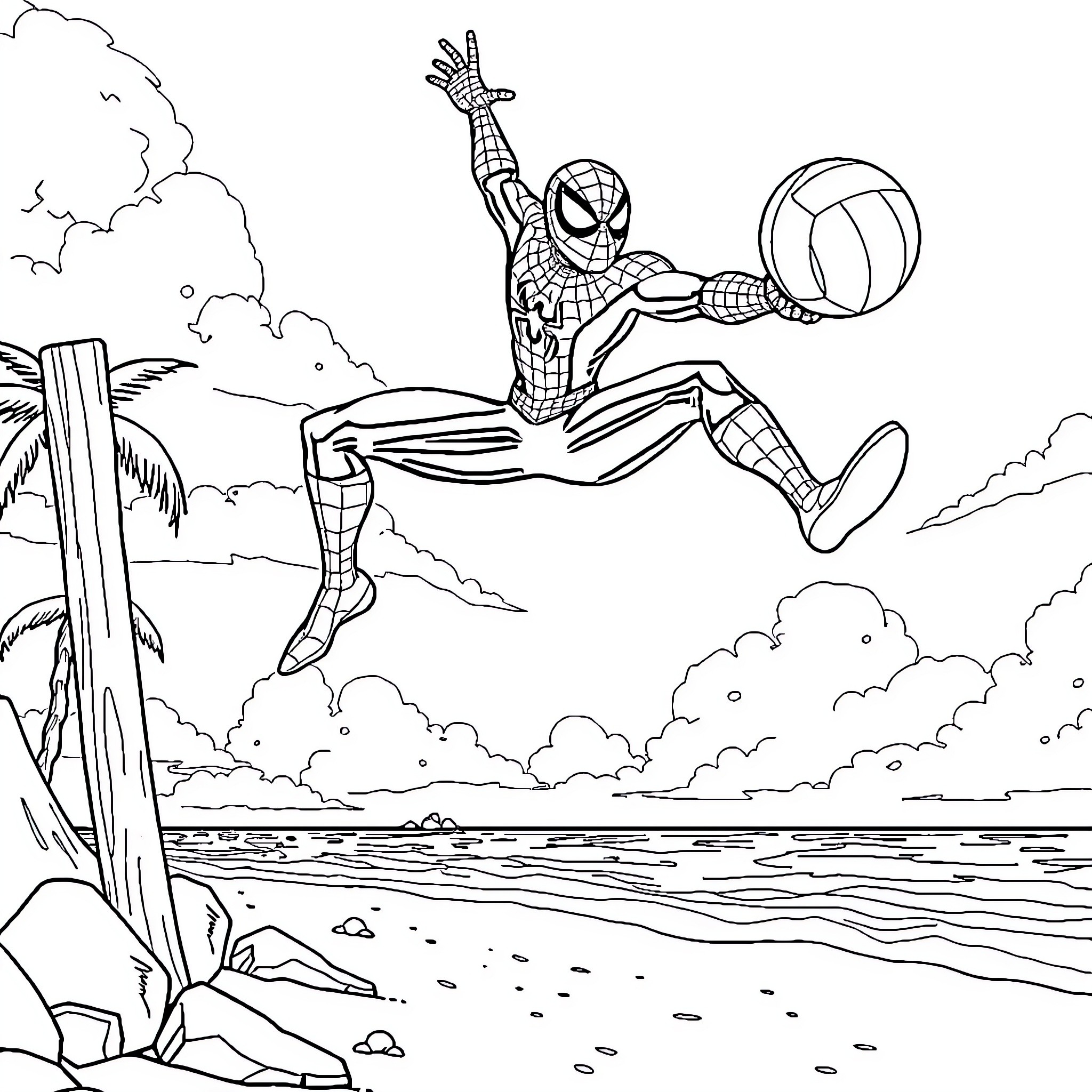 Spiderman leaping and swinging in action pose Coloring Page (free black-and-white line drawing printable PDF for all, from beginners to advanced learners, including children, teens, adults, and seniors)