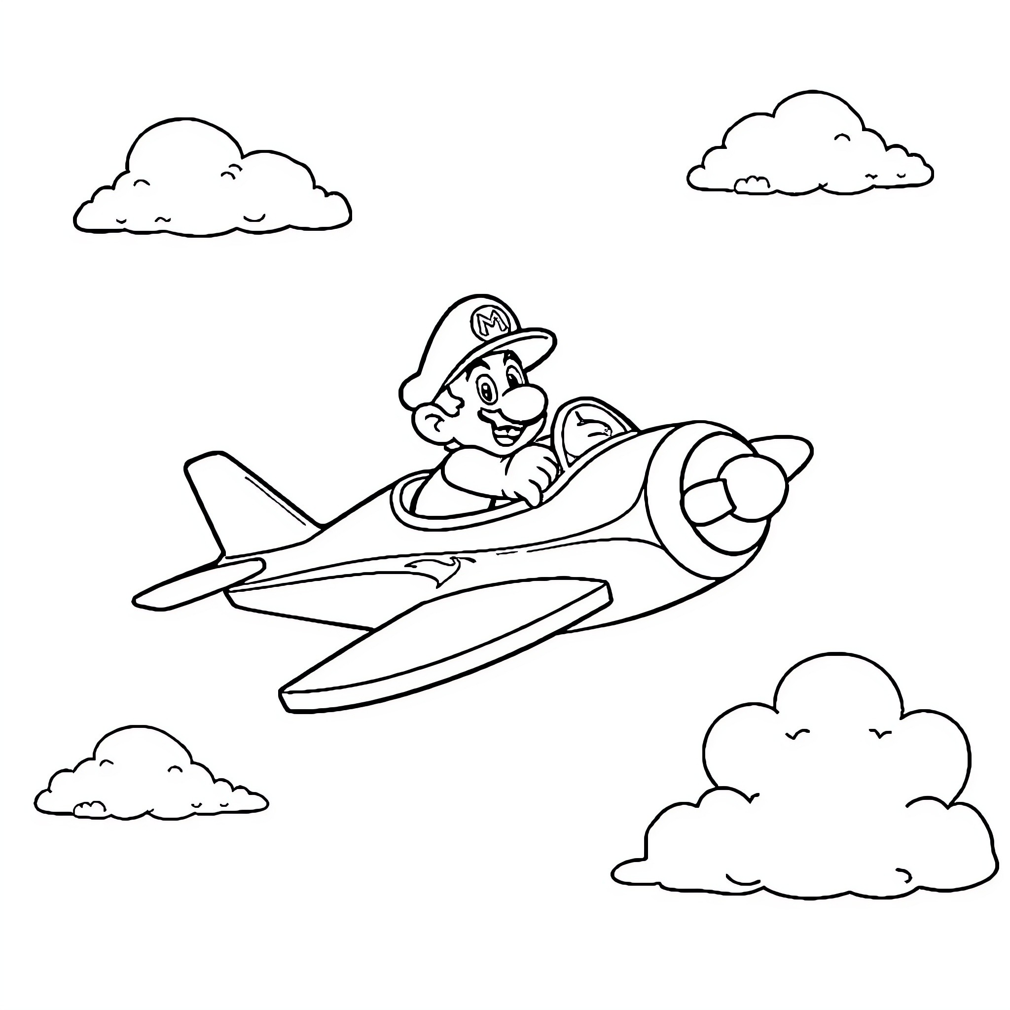 Mario flying happily in a plane above the clouds Coloring Page (free black-and-white line drawing printable PDF for all, from beginners to advanced learners, including children, teens, adults, and seniors)