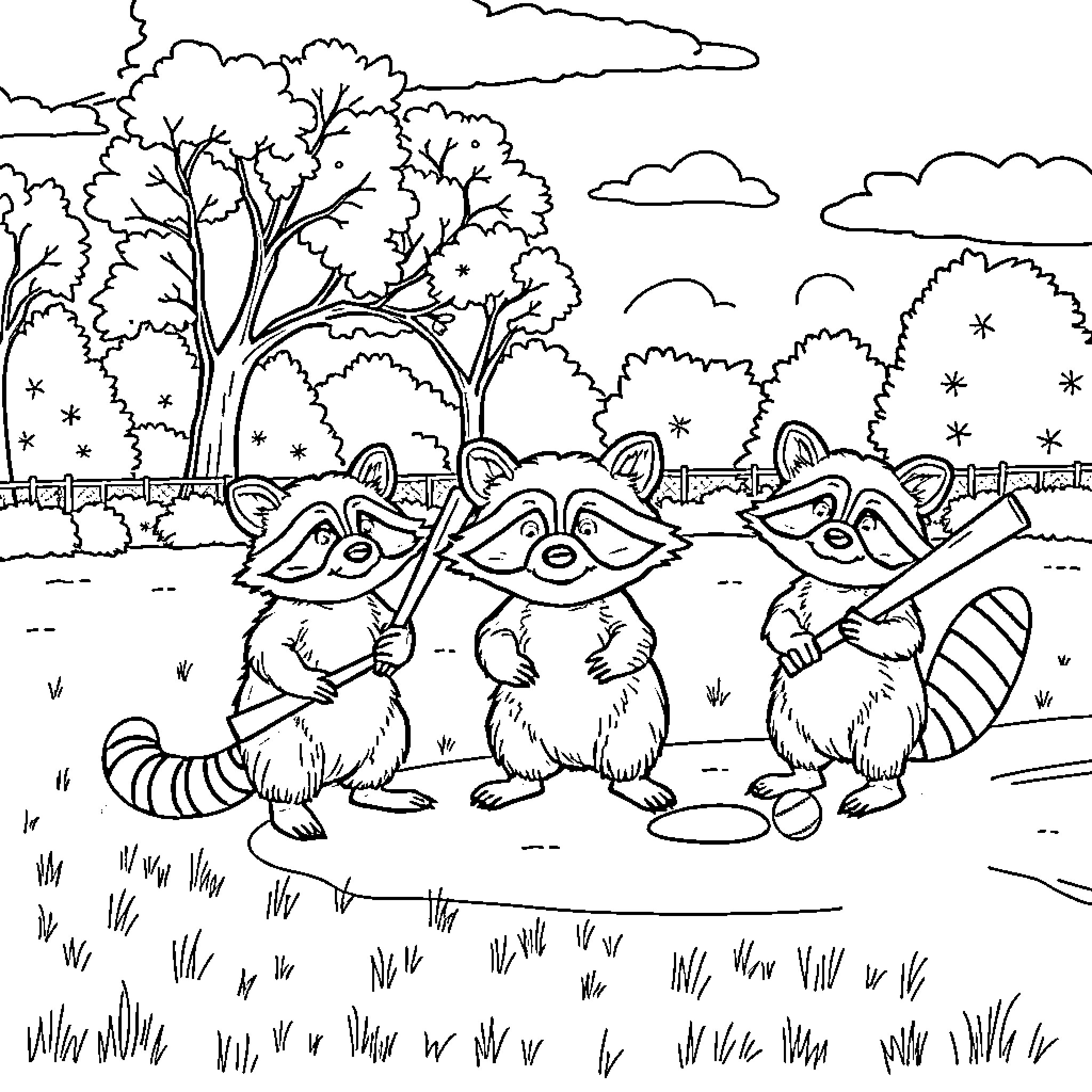 Raccoon trio exploring the forest landscape Coloring Page (free black-and-white line drawing printable PDF for all, from beginners to advanced learners, including children, teens, adults, and seniors)
