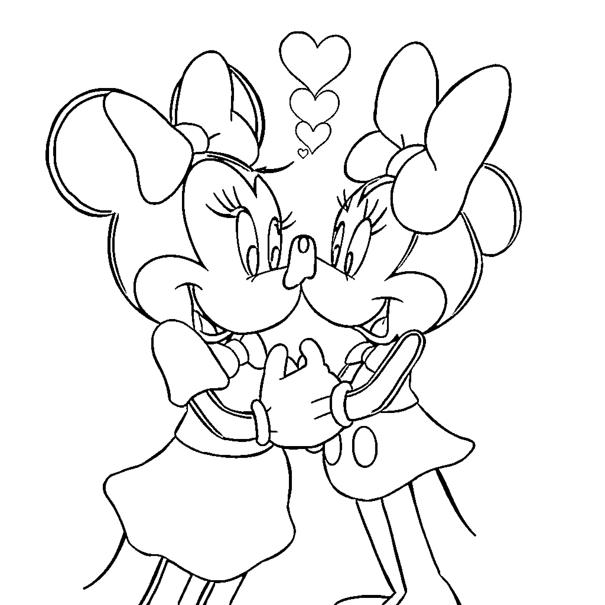 Minnie Mouse in a romantic embrace Coloring Page (free black-and-white line drawing printable PDF for all, from beginners to advanced learners, including children, teens, adults, and seniors)