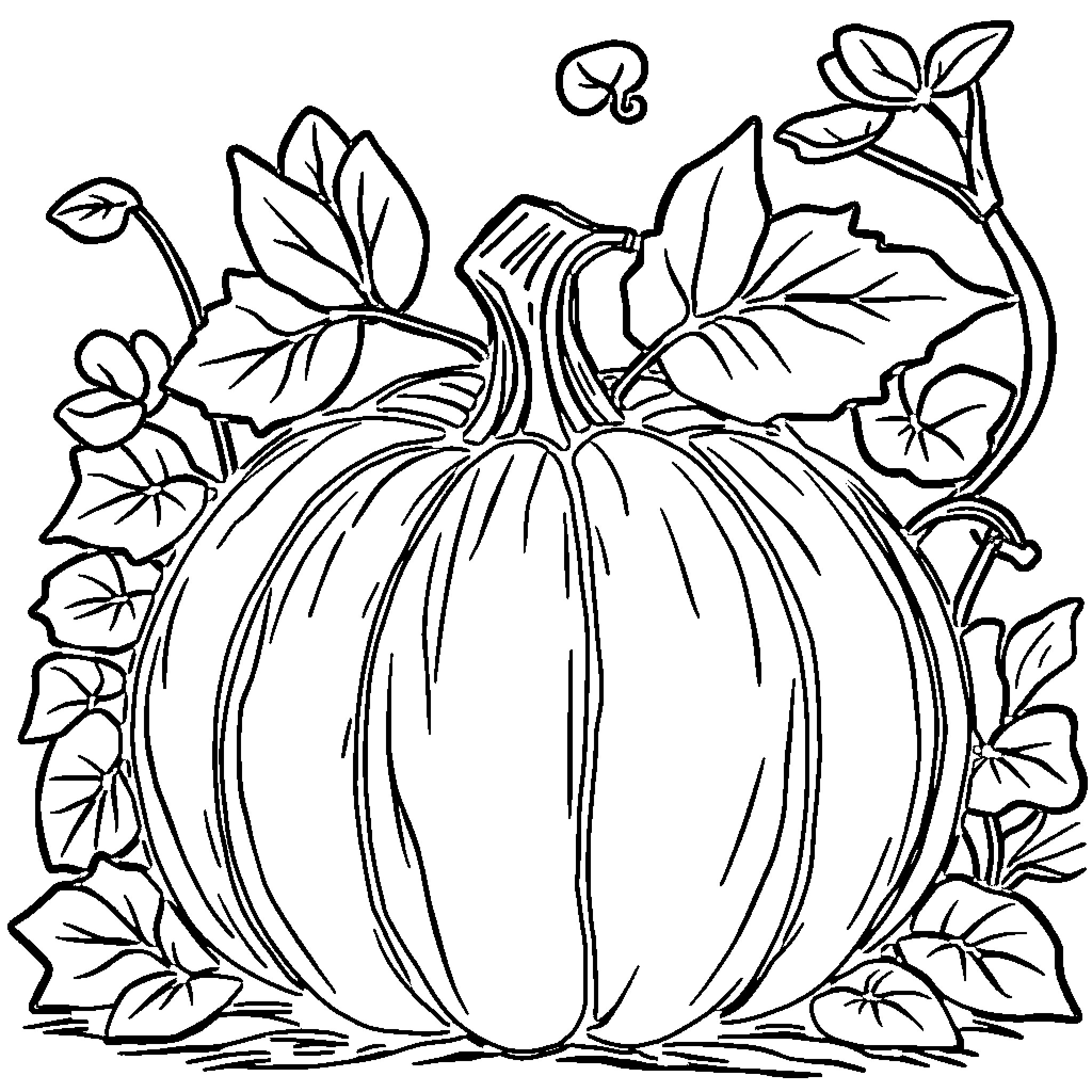 Pumpkin amidst autumnal foliage Coloring Page (free black-and-white line drawing printable PDF for all, from beginners to advanced learners, including children, teens, adults, and seniors)