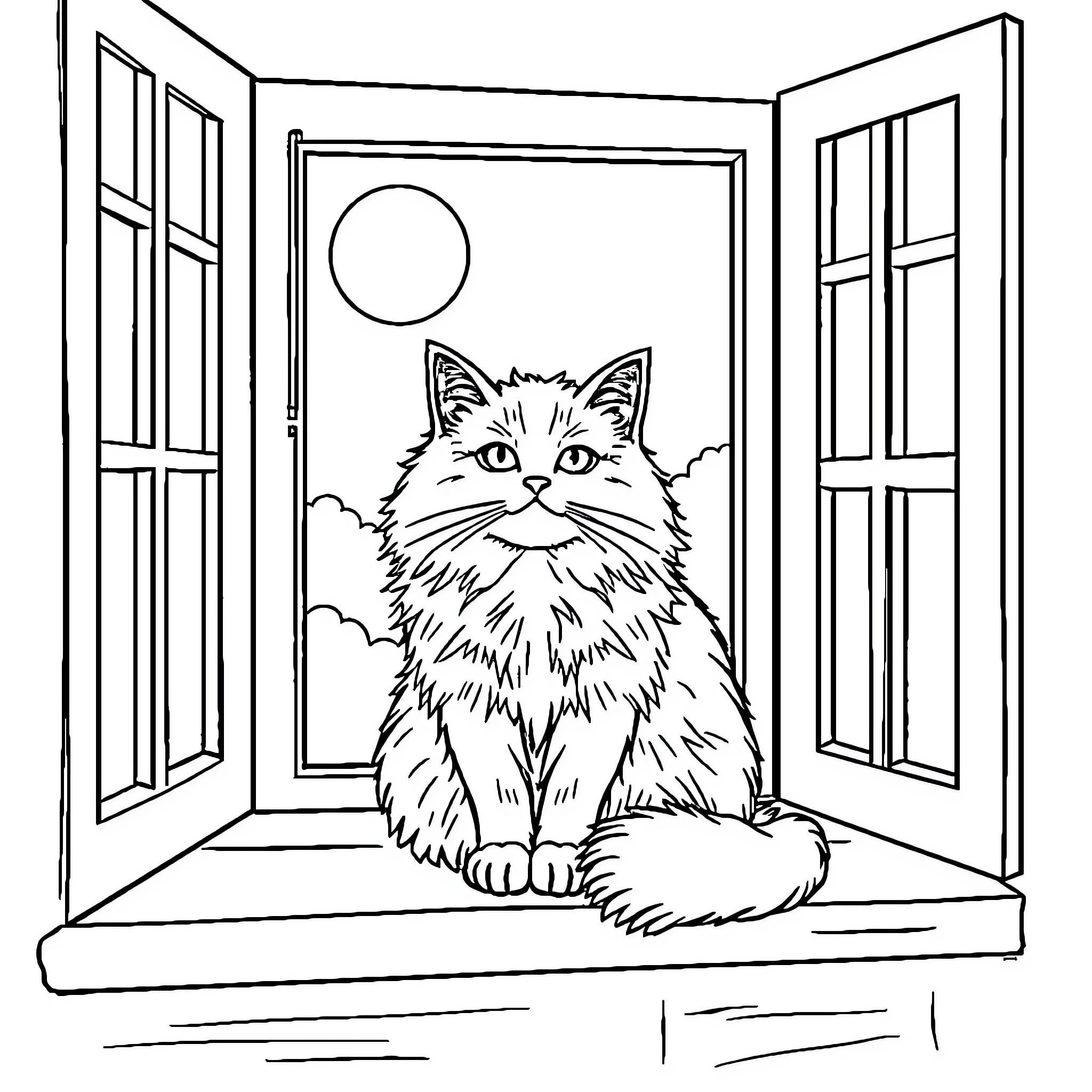 Cat sitting in window Coloring Page (free black-and-white line drawing printable PDF for all, from beginners to advanced learners, including children, teens, adults, and seniors)