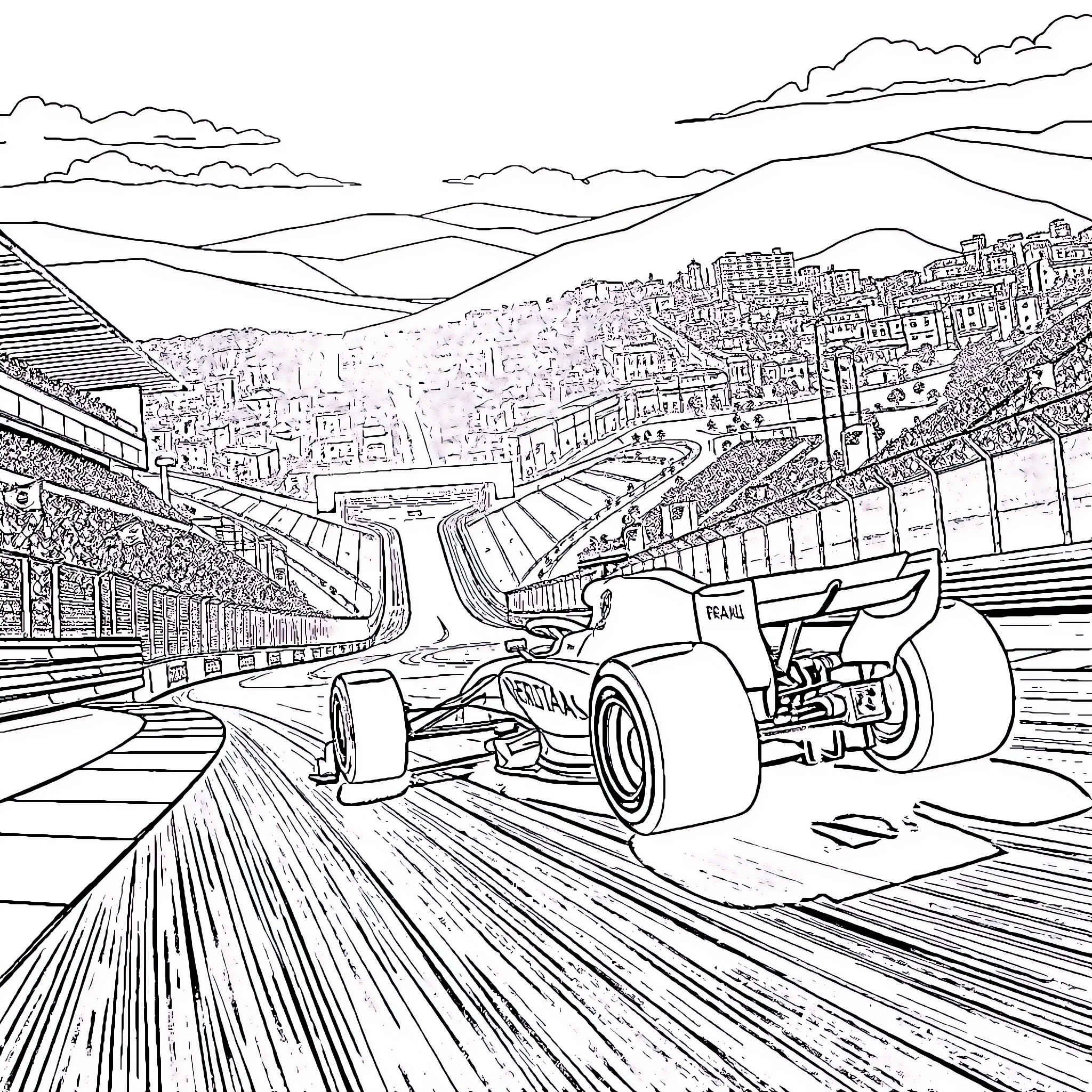 Formula 1 Car speeding on racetrack through cityscape Coloring Page (free black-and-white line drawing printable PDF for all, from beginners to advanced learners, including children, teens, adults, and seniors)