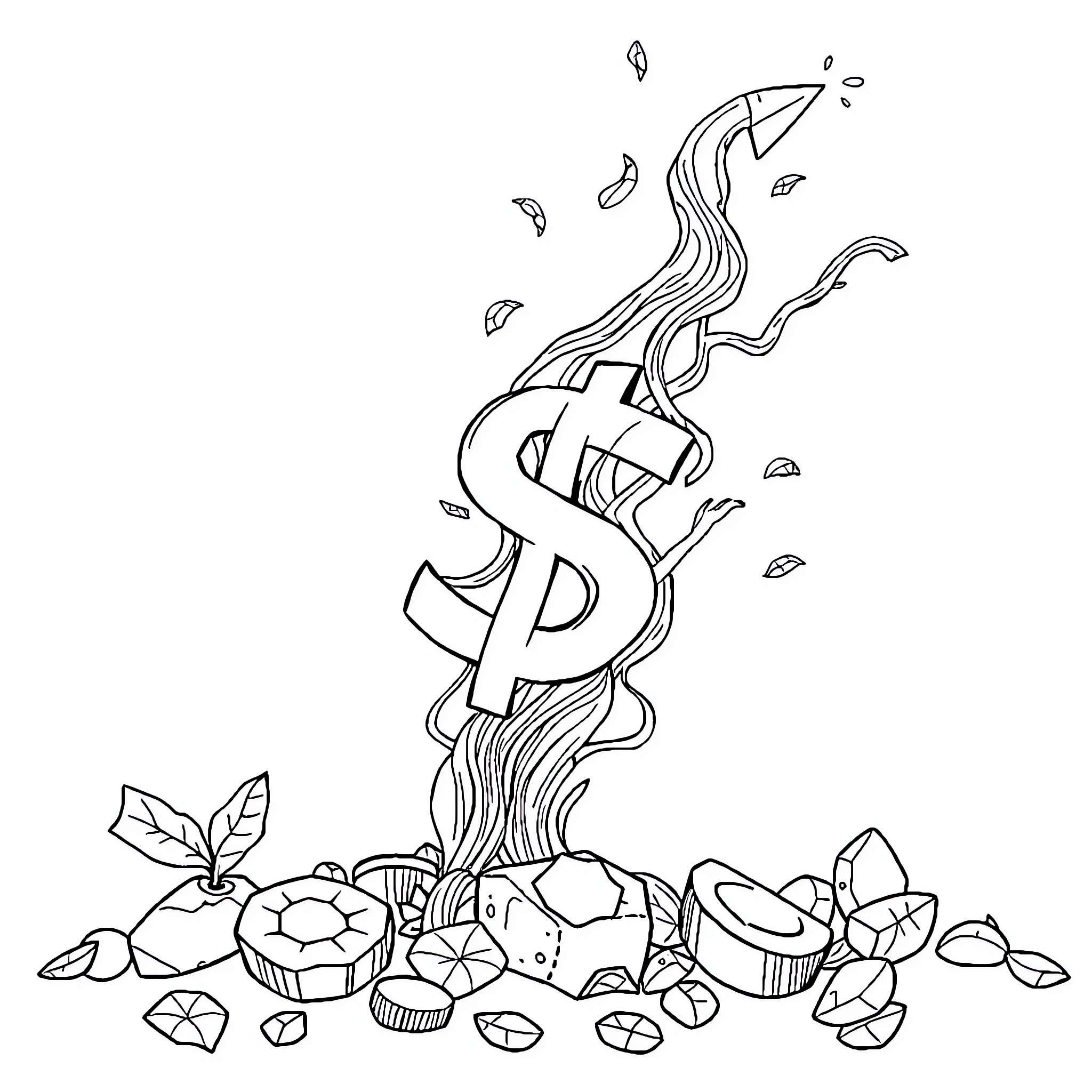 Money growing from nature with cupcakes Coloring Page (free black-and-white line drawing printable PDF for all, from beginners to advanced learners, including children, teens, adults, and seniors)