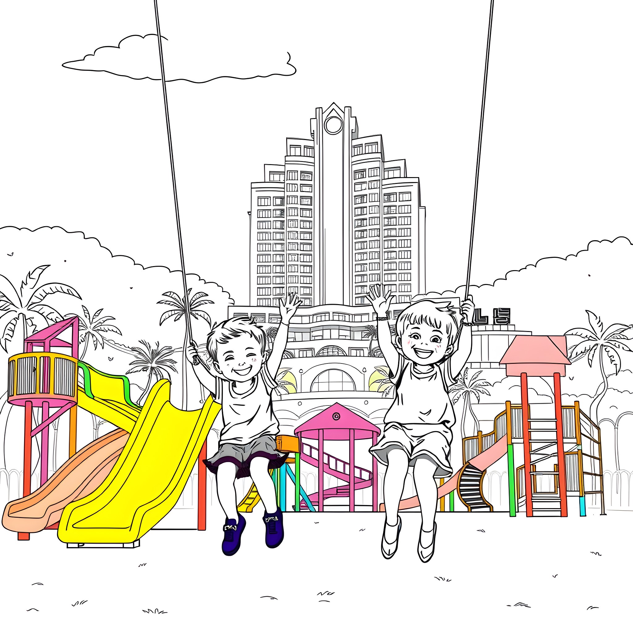 Kid playing happily on playground equipment Coloring Page (free black-and-white line drawing printable PDF for all, from beginners to advanced learners, including children, teens, adults, and seniors)
