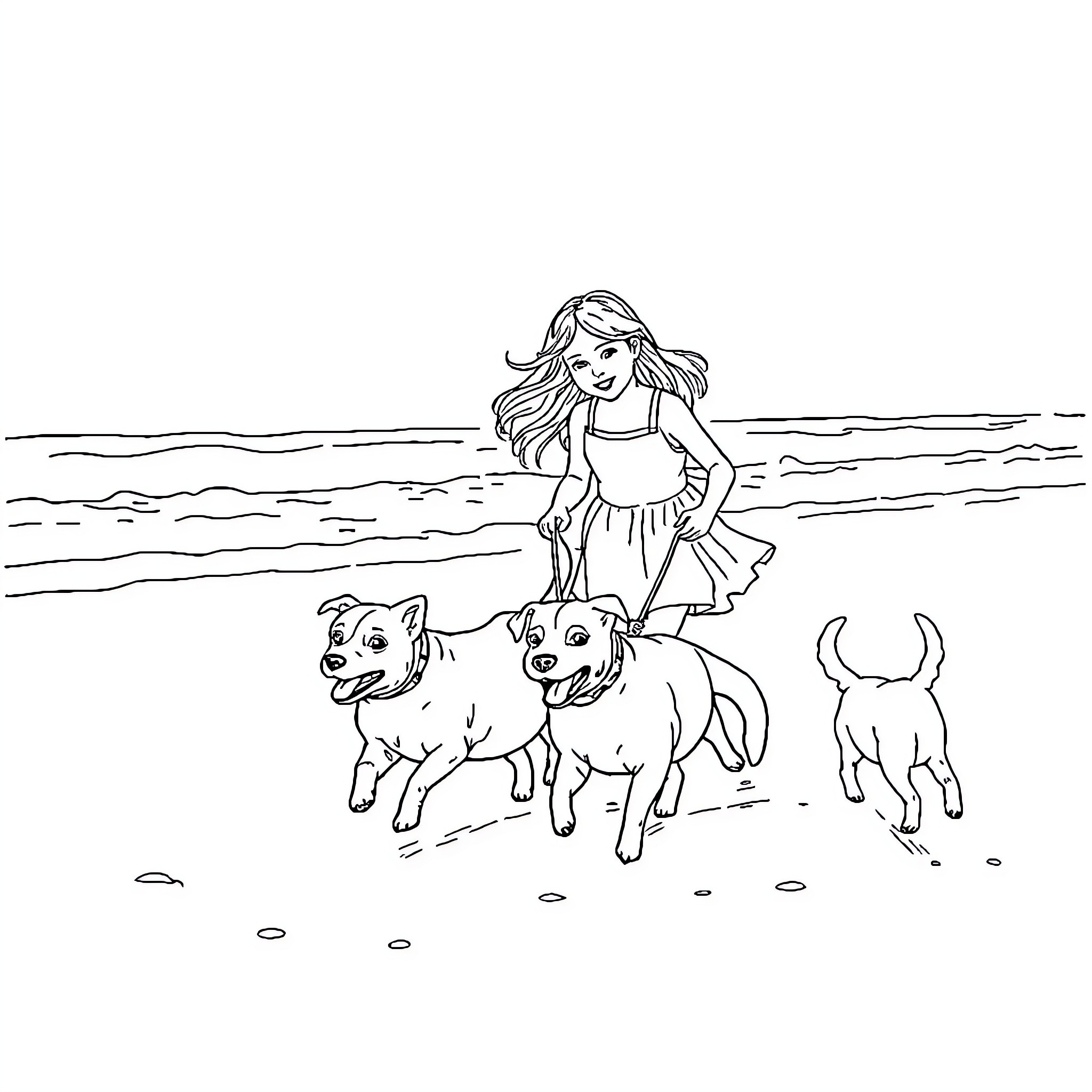 Sister enjoys playing with dogs on the beach Coloring Page (free black-and-white line drawing printable PDF for all, from beginners to advanced learners, including children, teens, adults, and seniors)