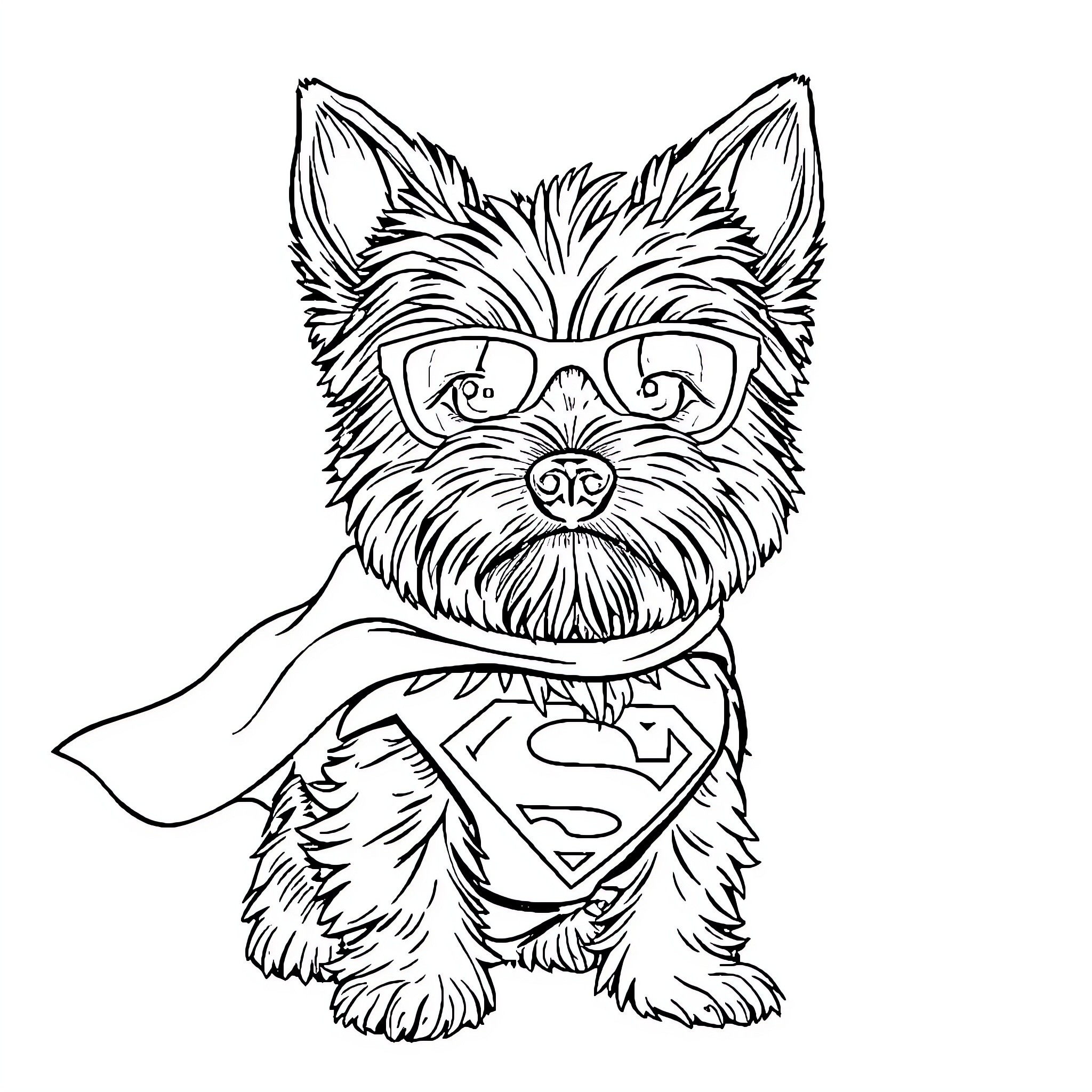 Yorkshire Terrier in Superhero Costume Coloring Page (free black-and-white line drawing printable PDF for all, from beginners to advanced learners, including children, teens, adults, and seniors)