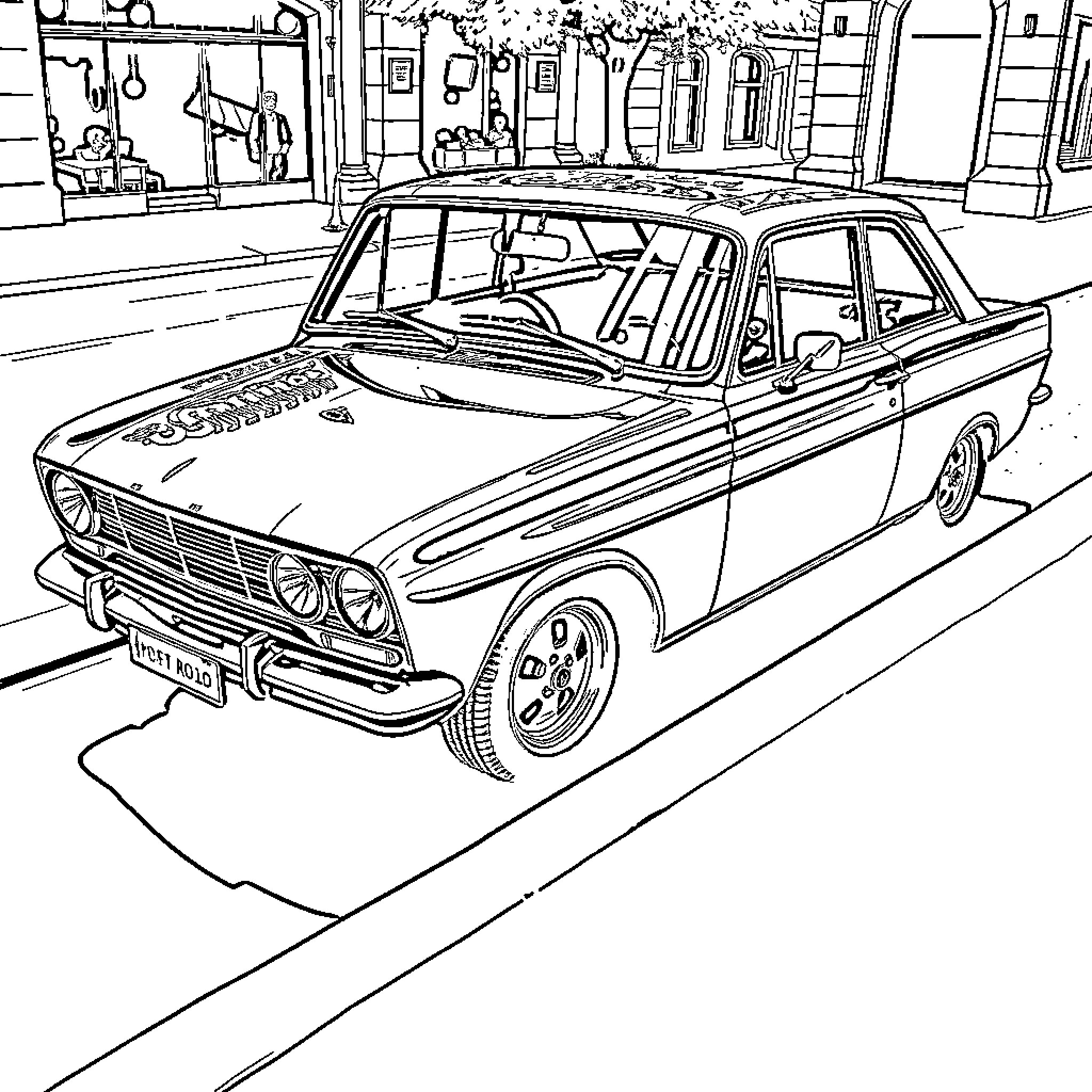 Ford Cortina classic car on street scene Coloring Page (free black-and-white line drawing printable PDF for all, from beginners to advanced learners, including children, teens, adults, and seniors)