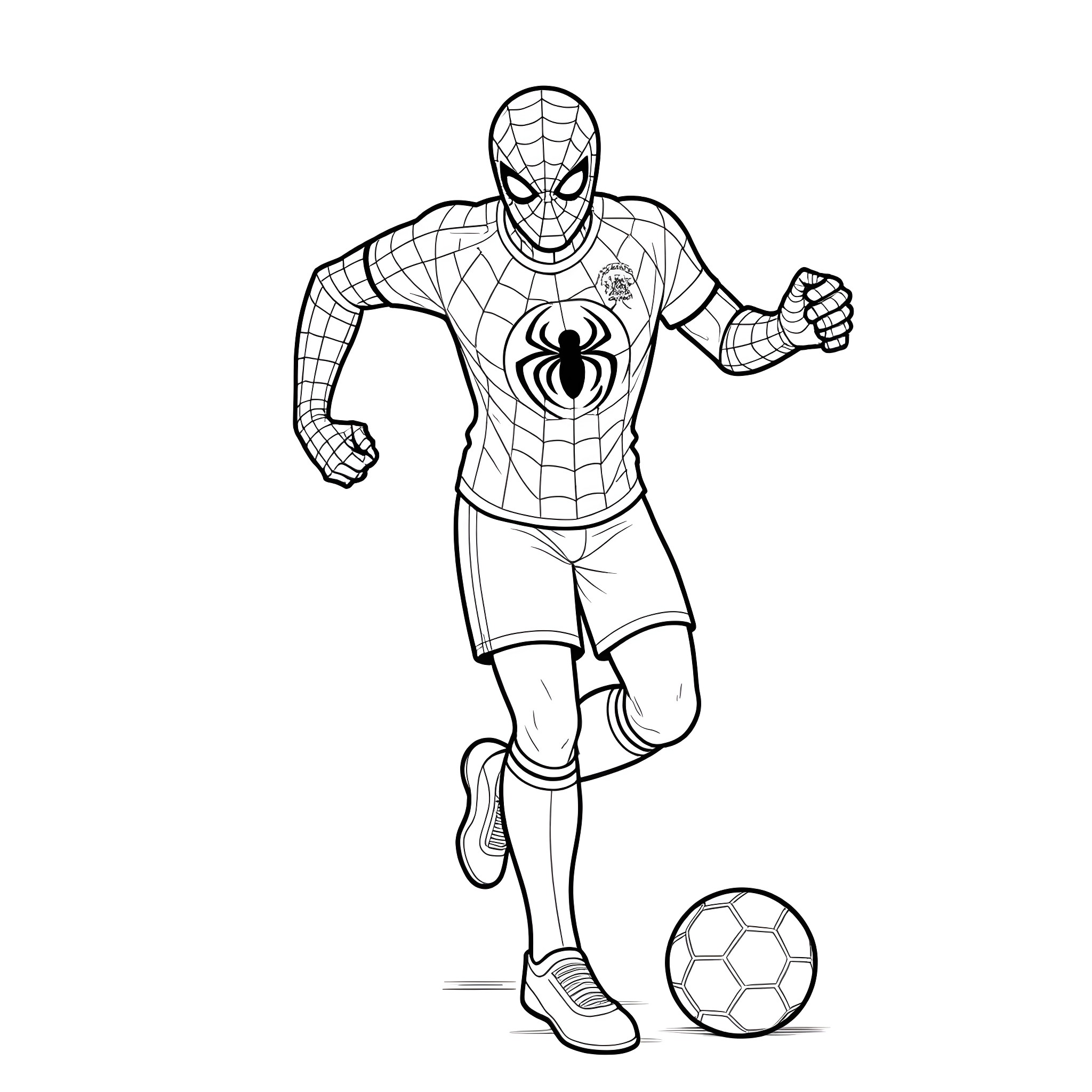 Spiderman playing football in his costume Coloring Page (free black-and-white line drawing printable PDF for all, from beginners to advanced learners, including children, teens, adults, and seniors)