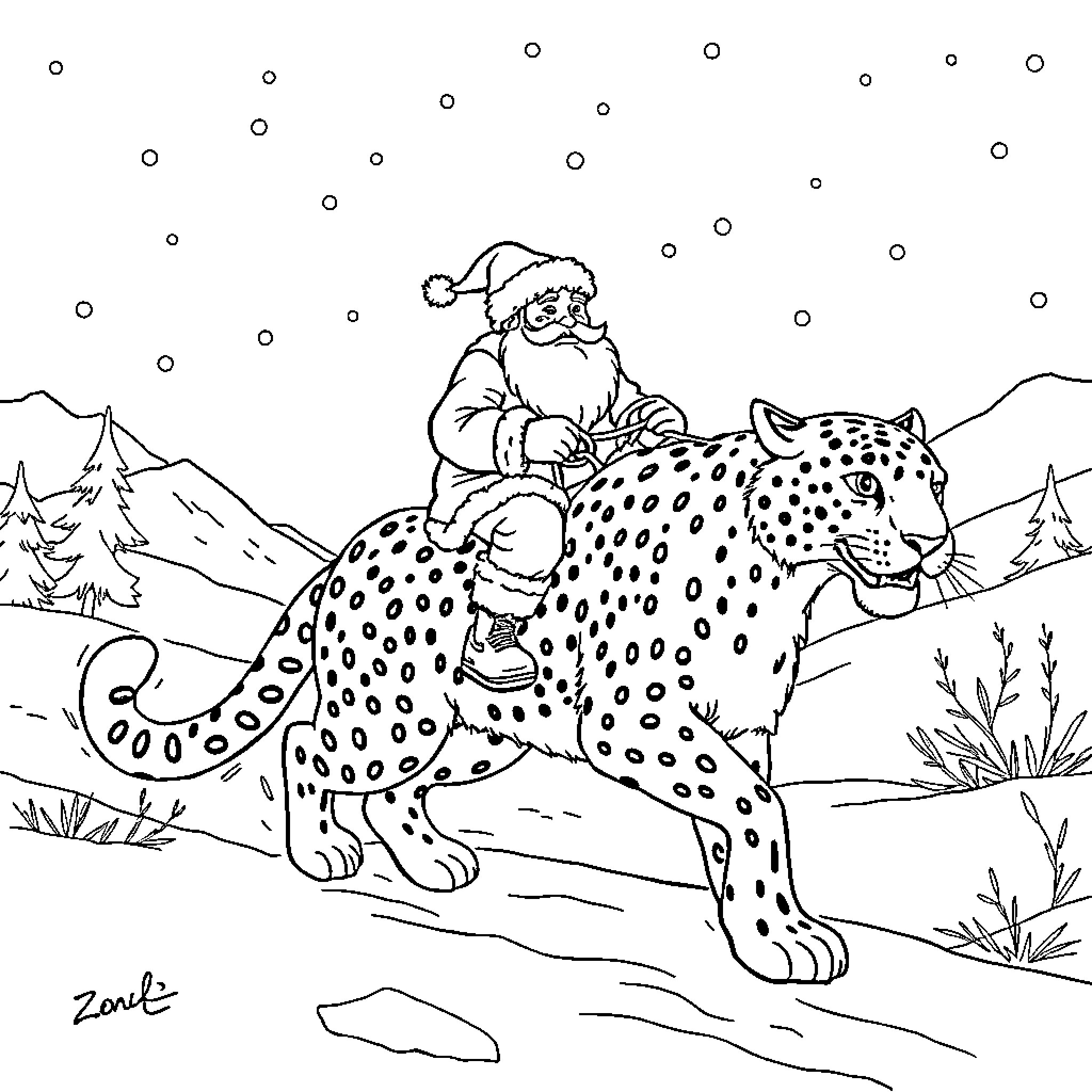 Santa riding a spotty snow leopard in the mountains Coloring Page (free black-and-white line drawing printable PDF for all, from beginners to advanced learners, including children, teens, adults, and seniors)