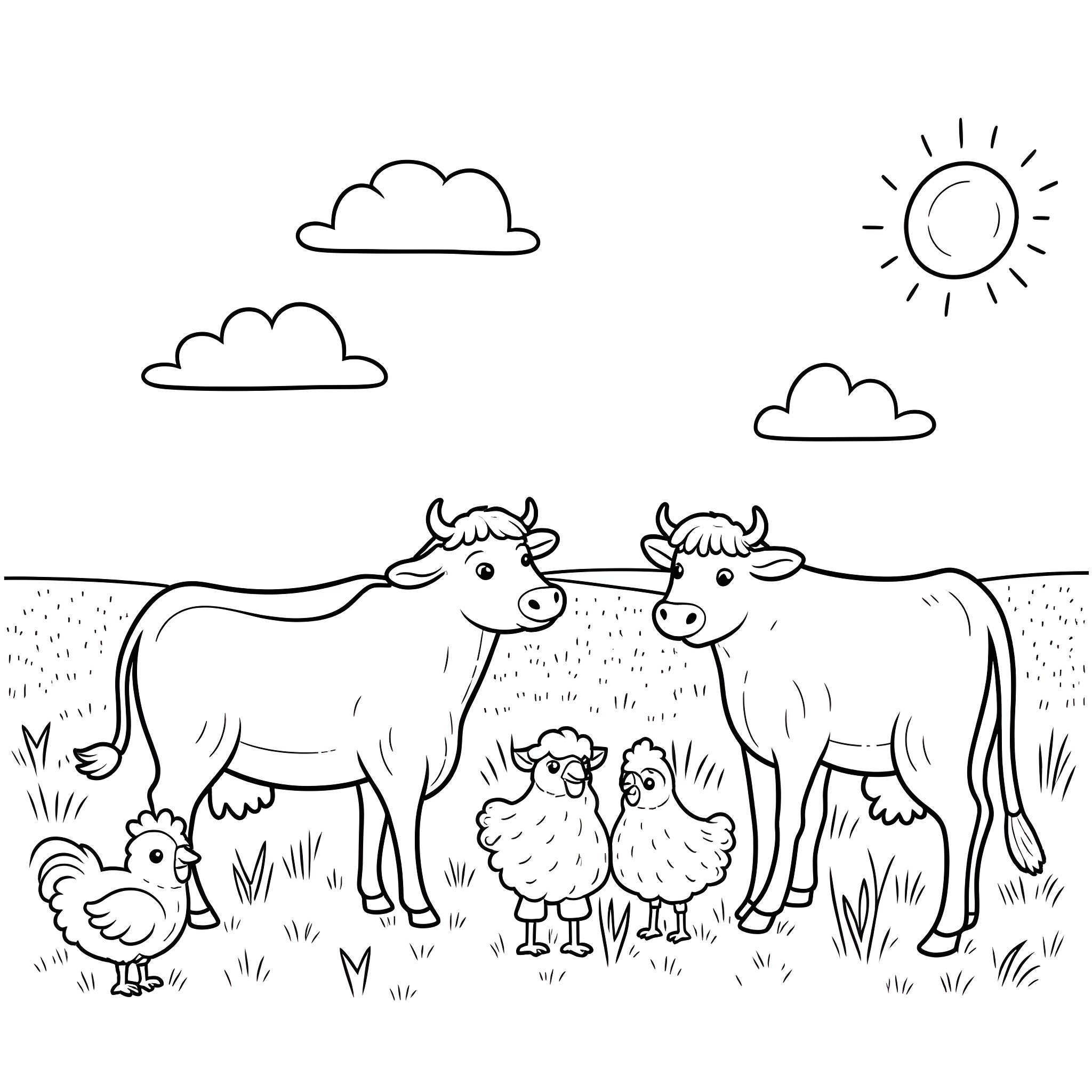 Farm Animal Family Enjoying Sunny Day Coloring Page (free black-and-white line drawing printable PDF for all, from beginners to advanced learners, including children, teens, adults, and seniors)