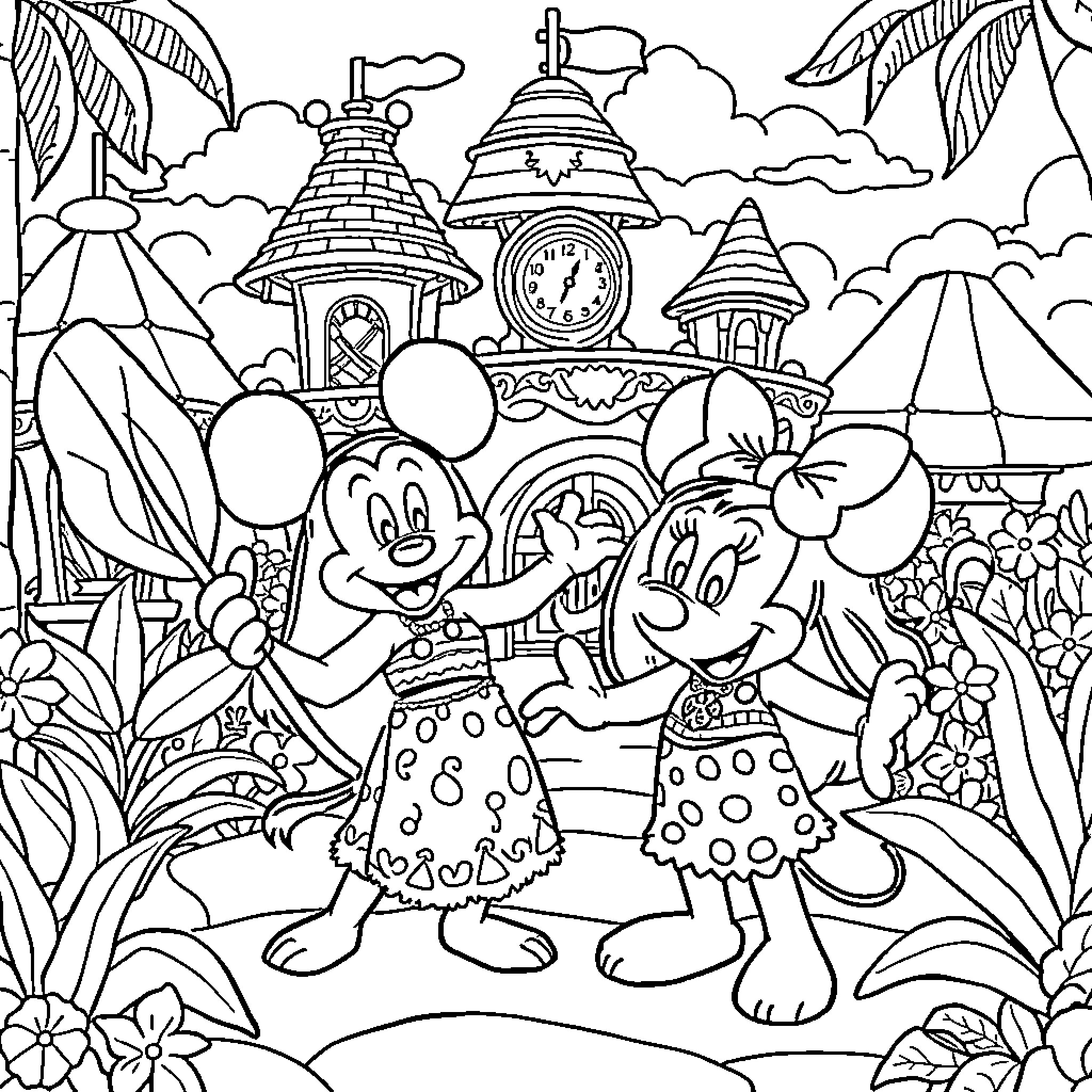 Moana exploring the magical island with friends Coloring Page (free black-and-white line drawing printable PDF for all, from beginners to advanced learners, including children, teens, adults, and seniors)