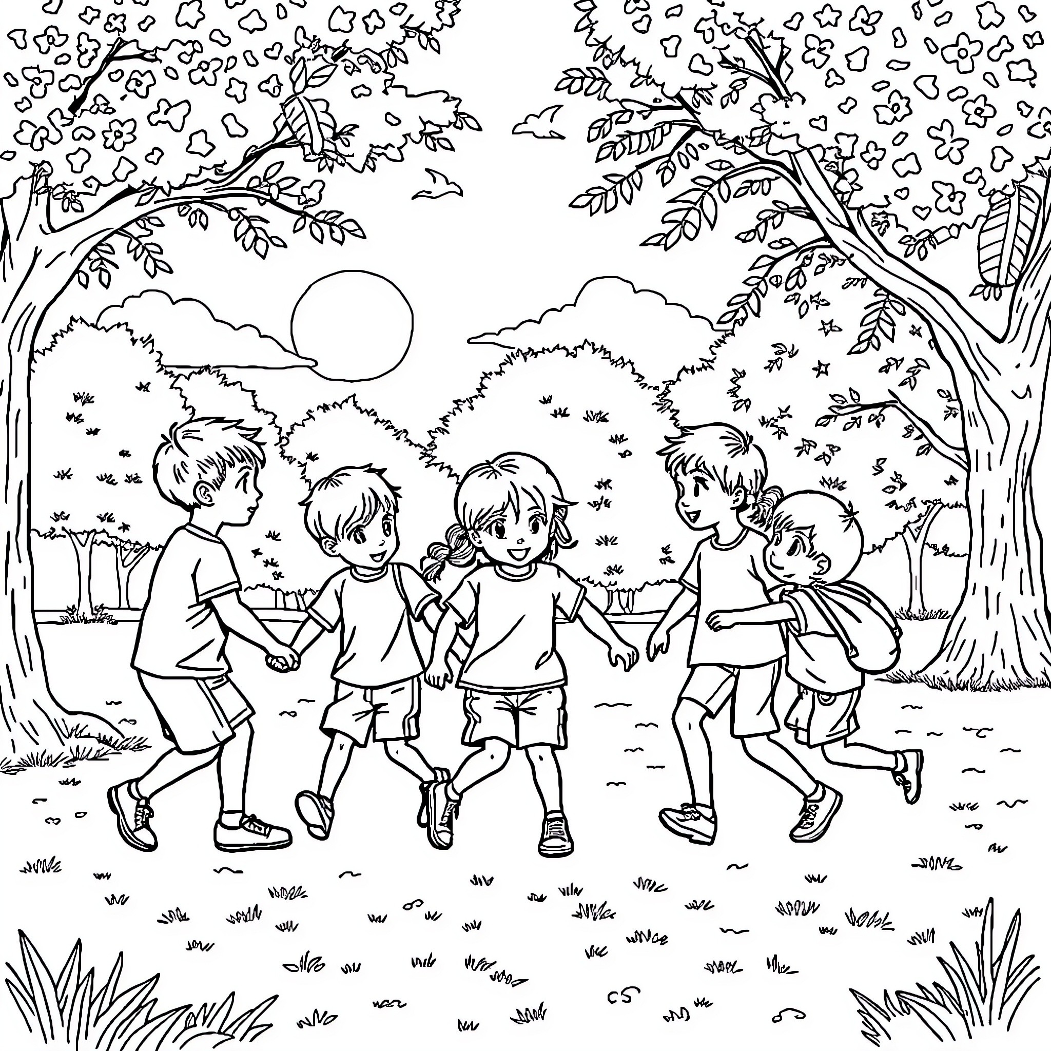 Kids playing happily in the forest Coloring Page (free black-and-white line drawing printable PDF for all, from beginners to advanced learners, including children, teens, adults, and seniors)