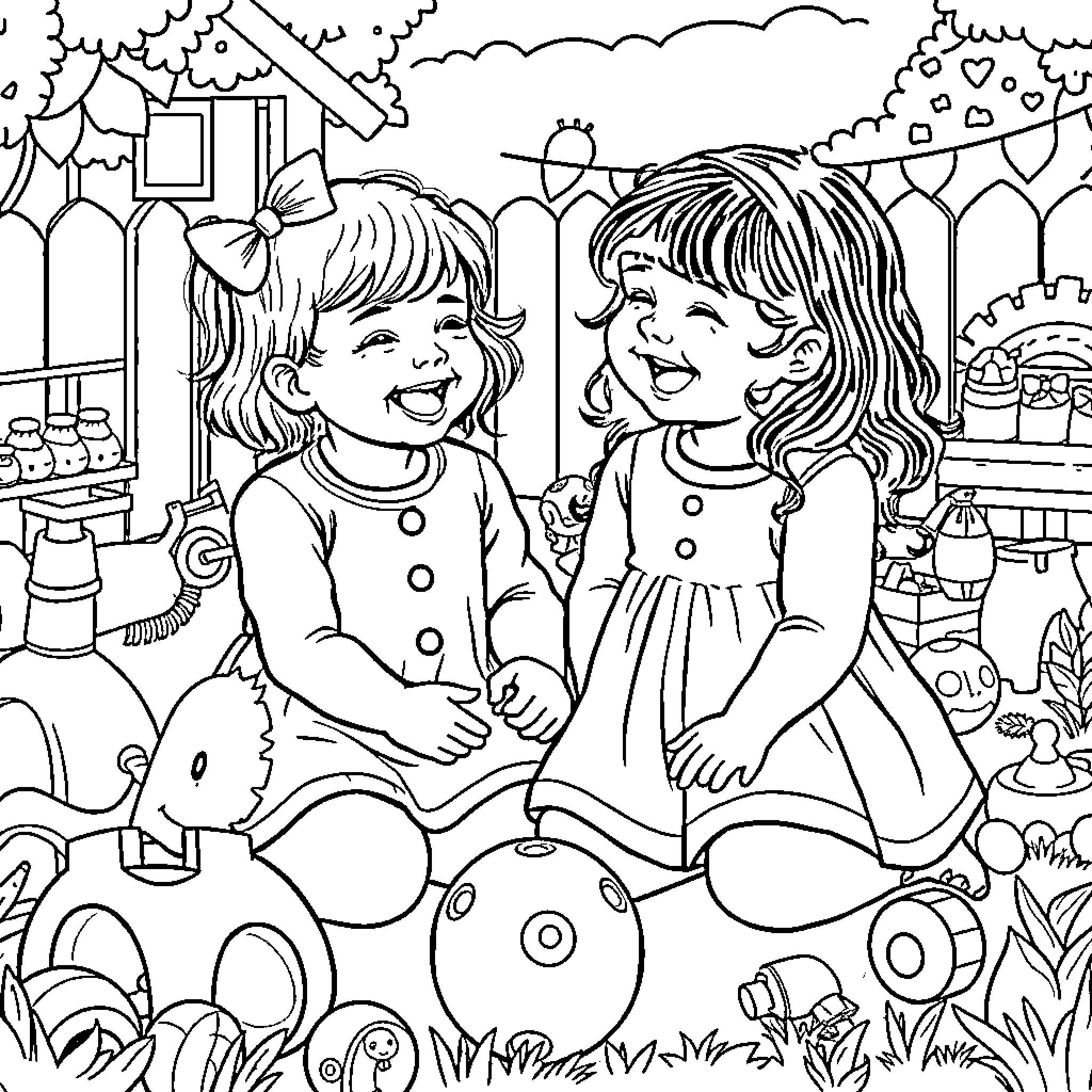 Baby Girl Playing and Laughing with Friend in Garden Coloring Page (free black-and-white line drawing printable PDF for all, from beginners to advanced learners, including children, teens, adults, and seniors)