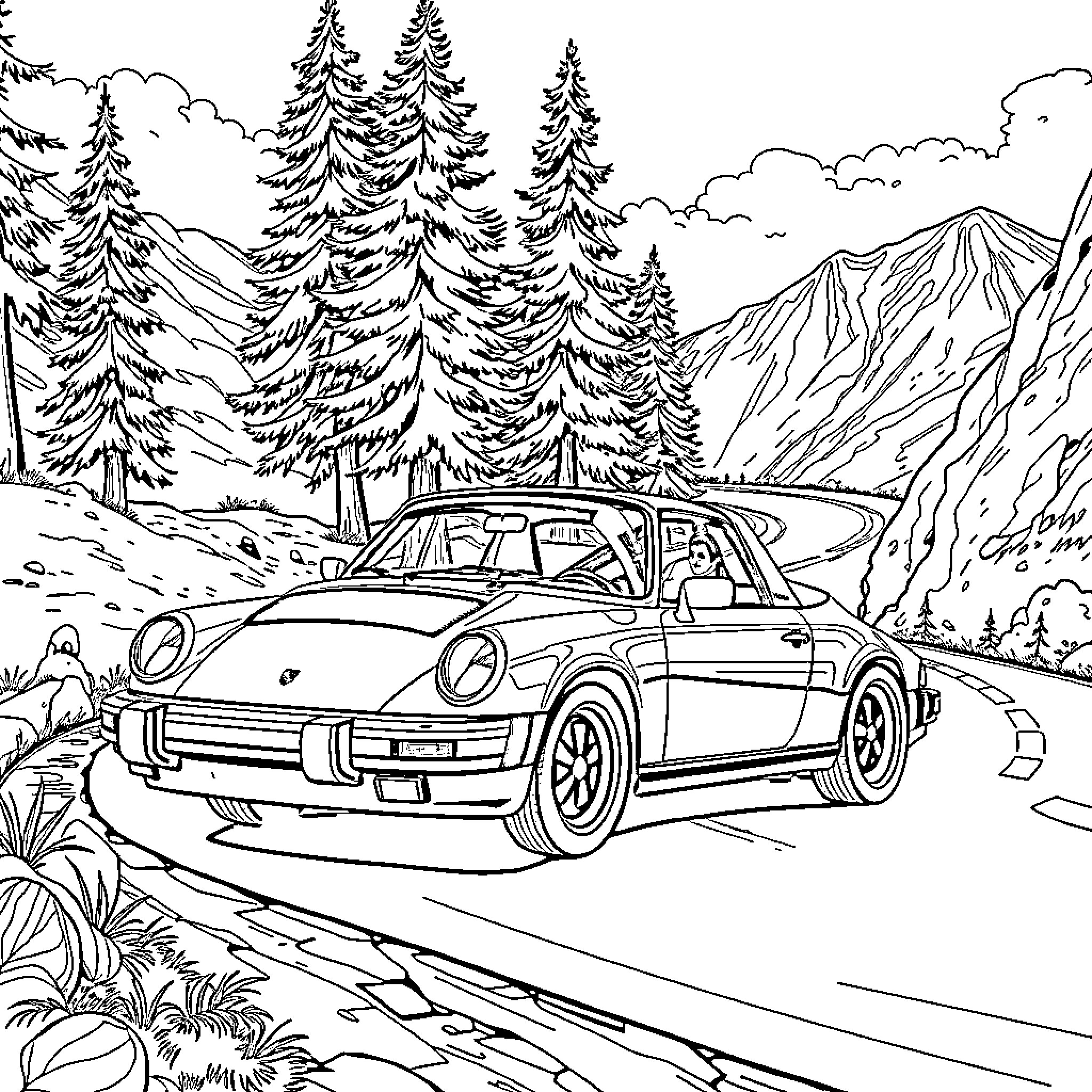 Porsche driving through scenic mountain landscape Coloring Page (free black-and-white line drawing printable PDF for all, from beginners to advanced learners, including children, teens, adults, and seniors)
