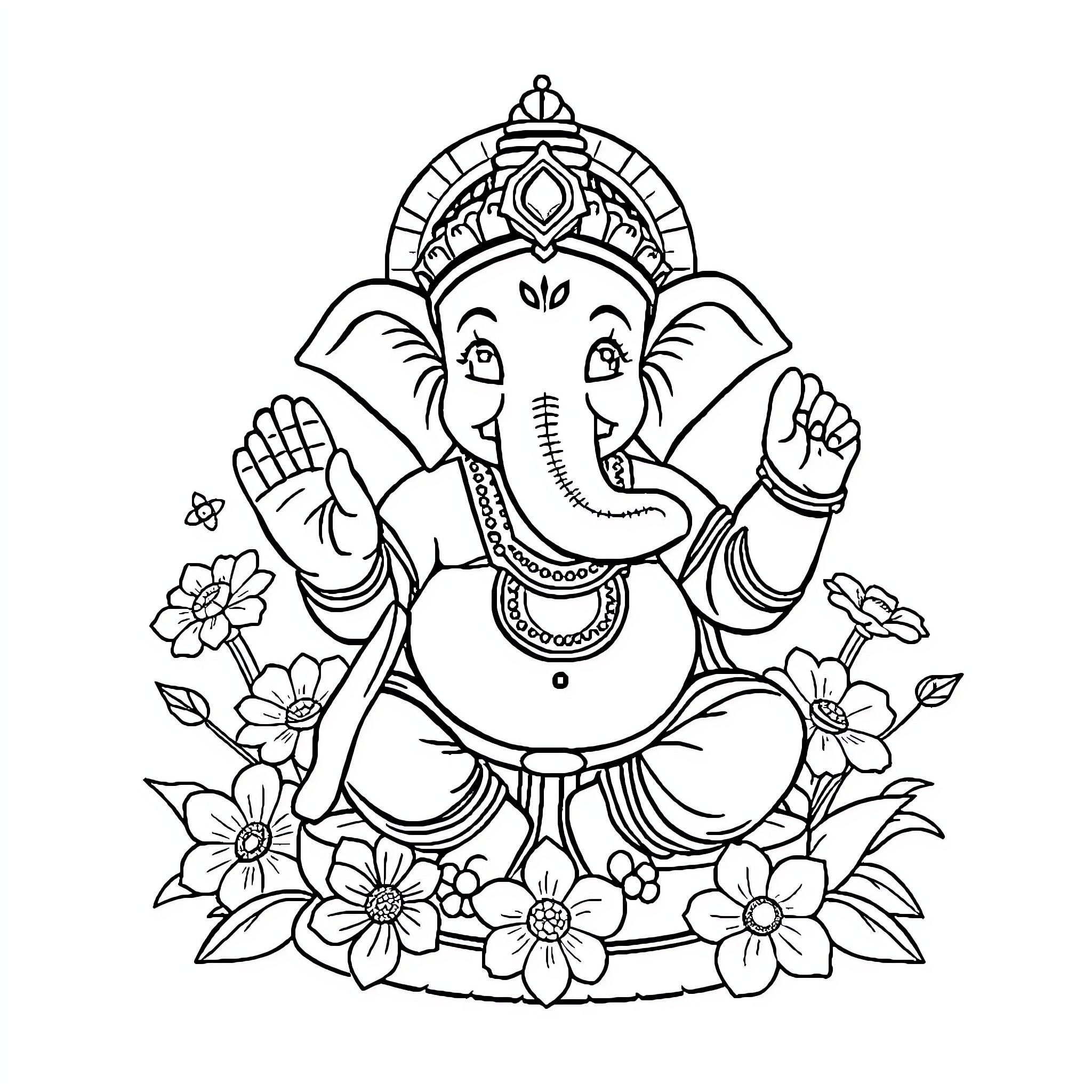 Ganesh blessing with flowers and ornaments Coloring Page (free black-and-white line drawing printable PDF for all, from beginners to advanced learners, including children, teens, adults, and seniors)