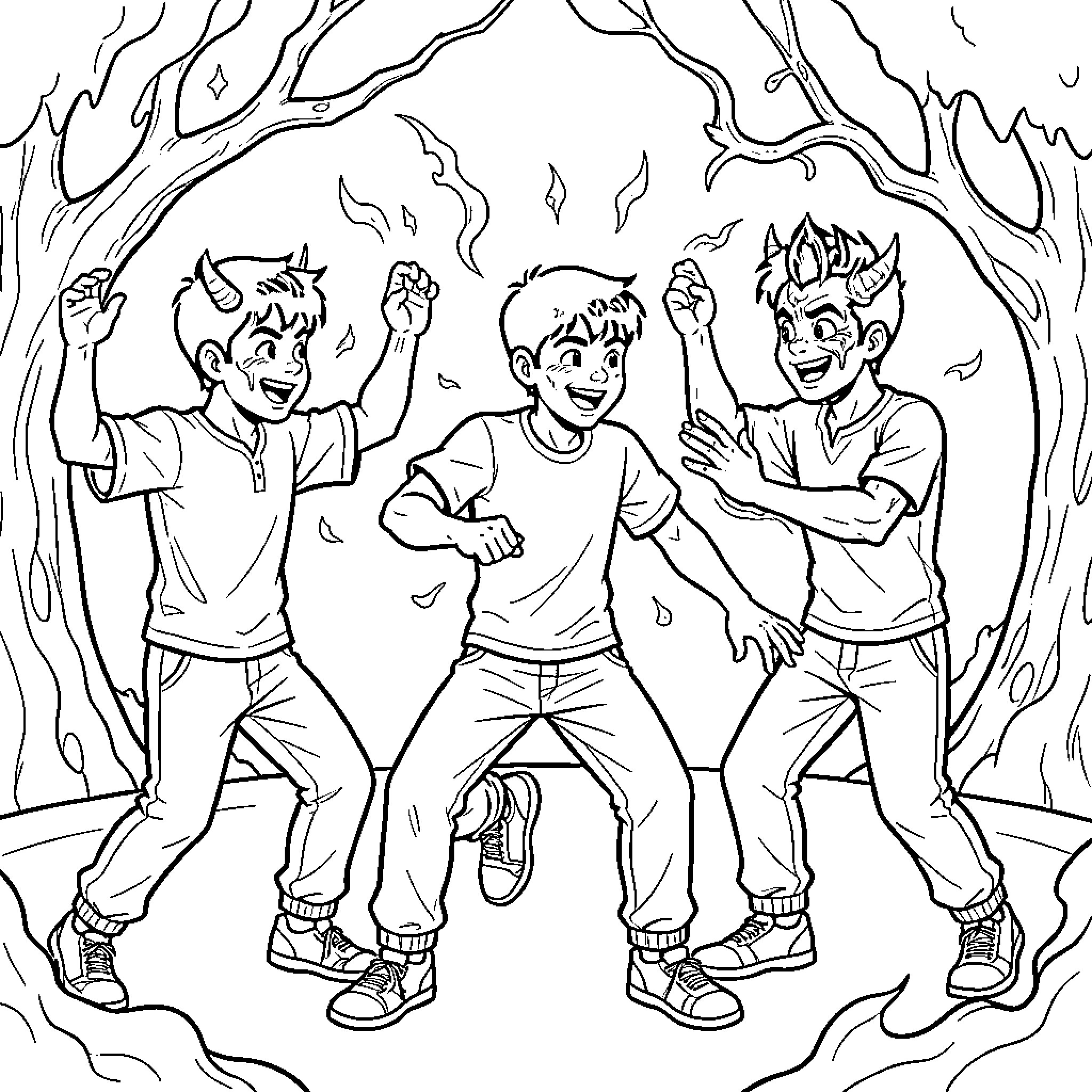 Demon boys dancing joyfully in a mystical forest Coloring Page (free black-and-white line drawing printable PDF for all, from beginners to advanced learners, including children, teens, adults, and seniors)