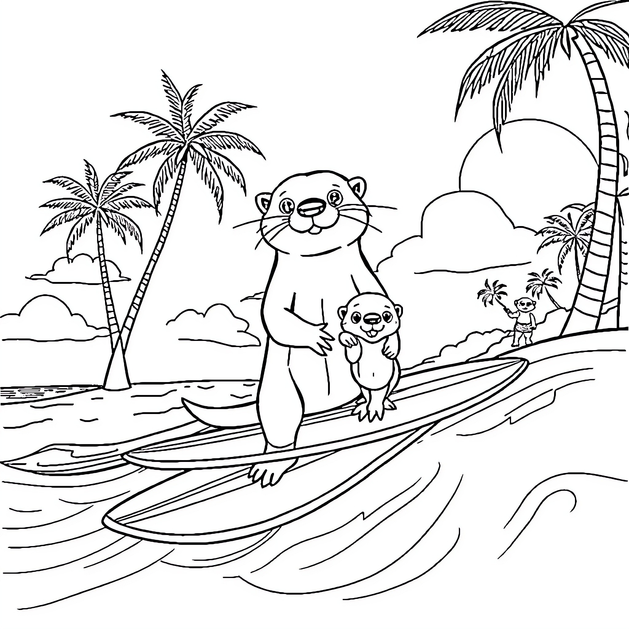 Otters surfing and exploring tropical beach Coloring Page (free black-and-white line drawing printable PDF for all, from beginners to advanced learners, including children, teens, adults, and seniors)