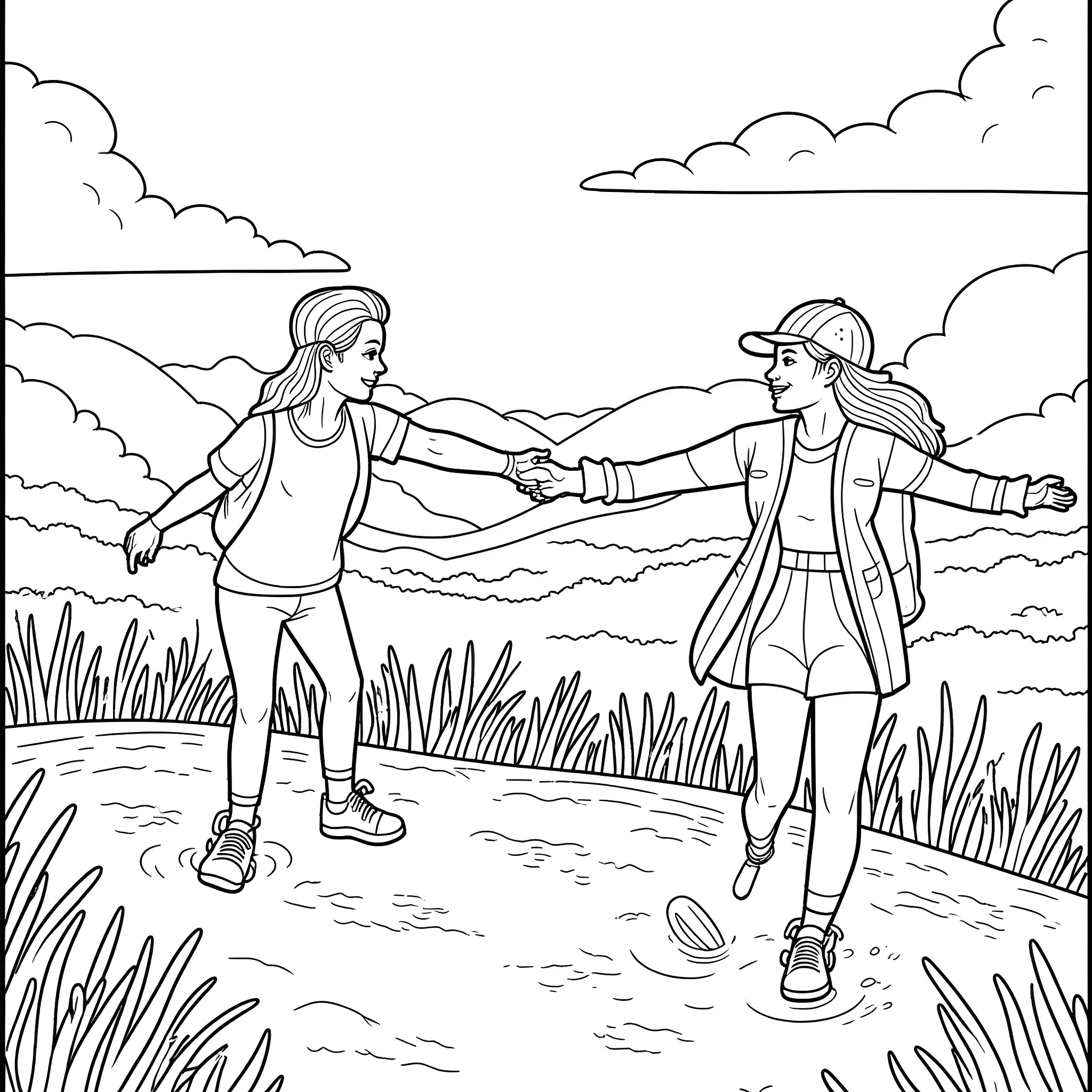 Adventure in the Wilderness with Friends Coloring Page (free black-and-white line drawing printable PDF for all, from beginners to advanced learners, including children, teens, adults, and seniors)