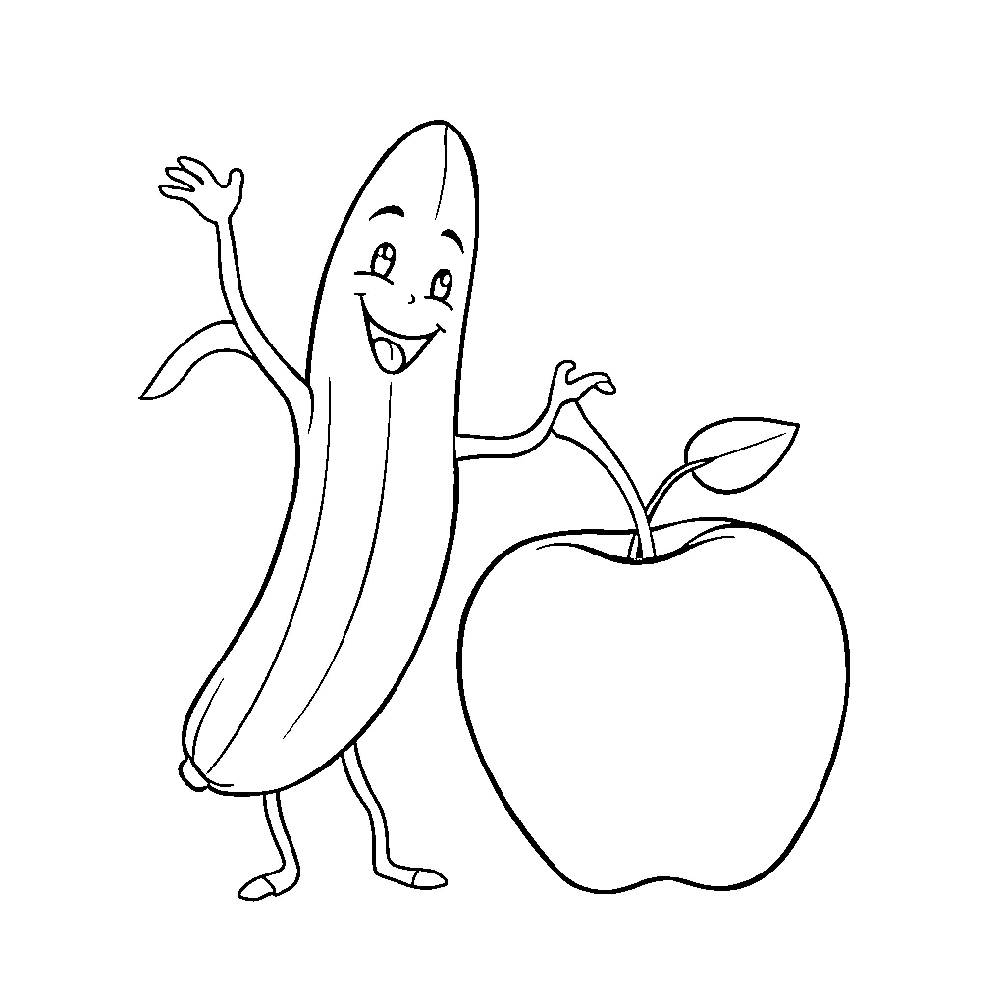 Banana and Apple Pals in Playful Pose Coloring Page (free black-and-white line drawing printable PDF for all, from beginners to advanced learners, including children, teens, adults, and seniors)