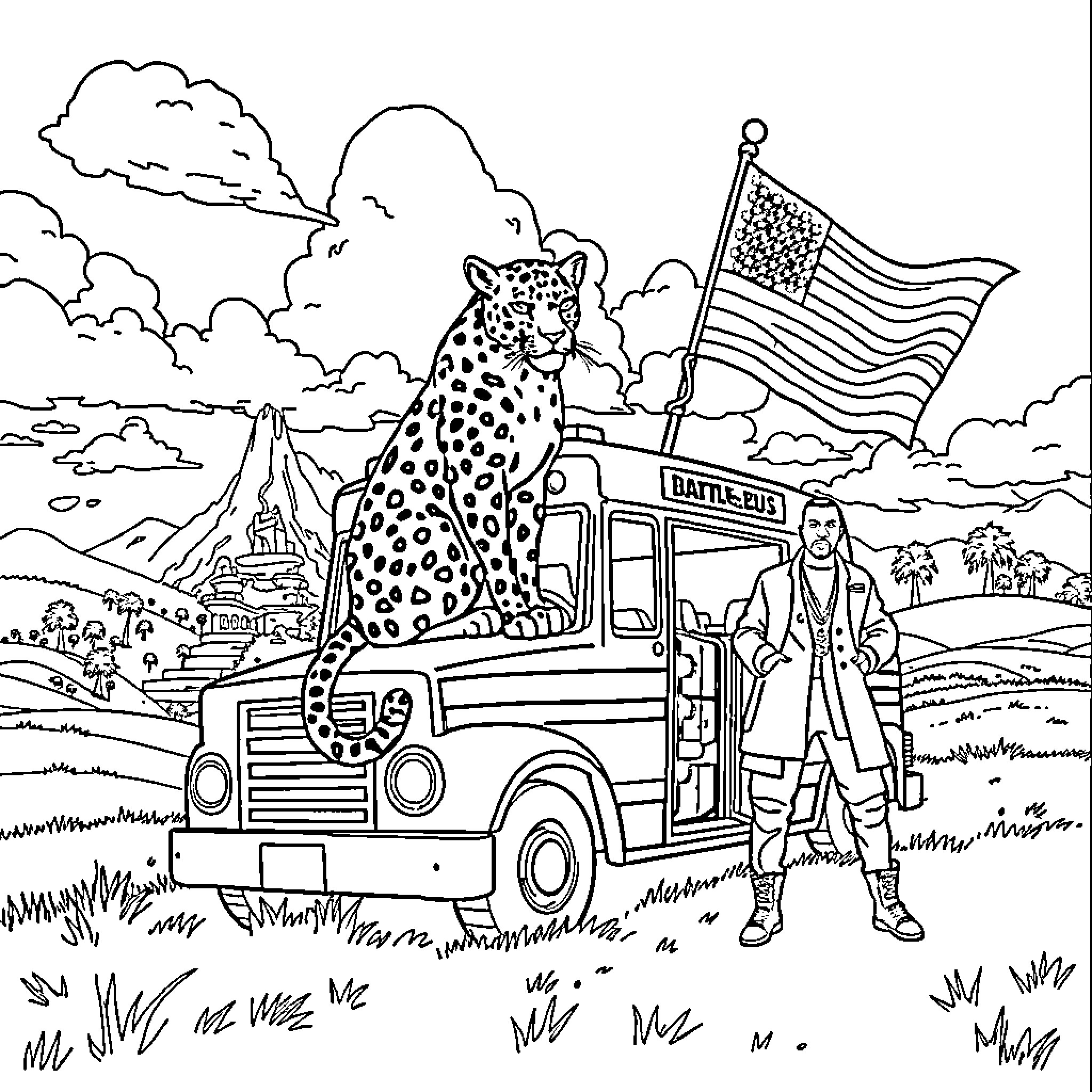 Jaguar riding in battle truck with American flag Coloring Page (free black-and-white line drawing printable PDF for all, from beginners to advanced learners, including children, teens, adults, and seniors)