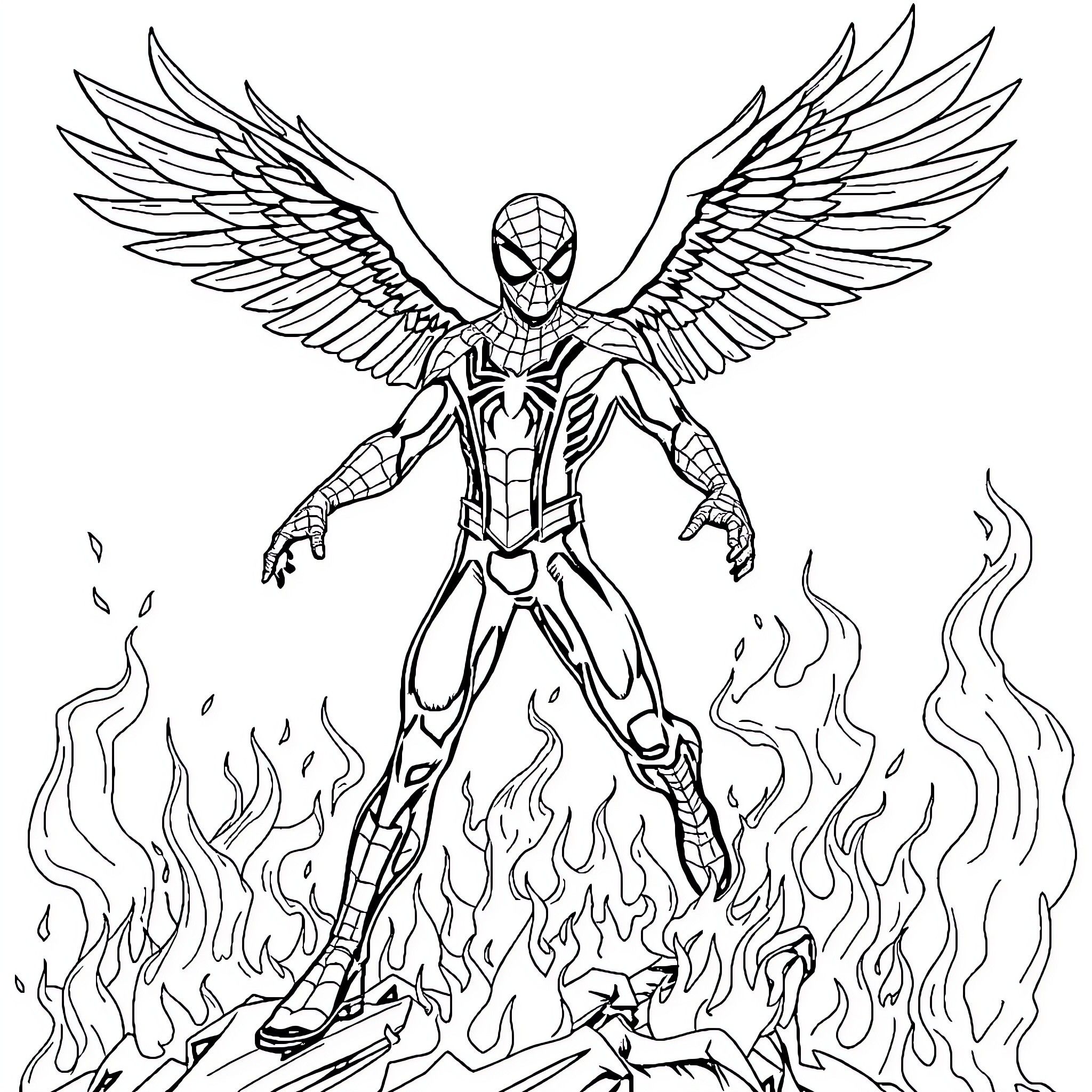 Spiderman with wings soaring through fiery flames Coloring Page (free black-and-white line drawing printable PDF for all, from beginners to advanced learners, including children, teens, adults, and seniors)