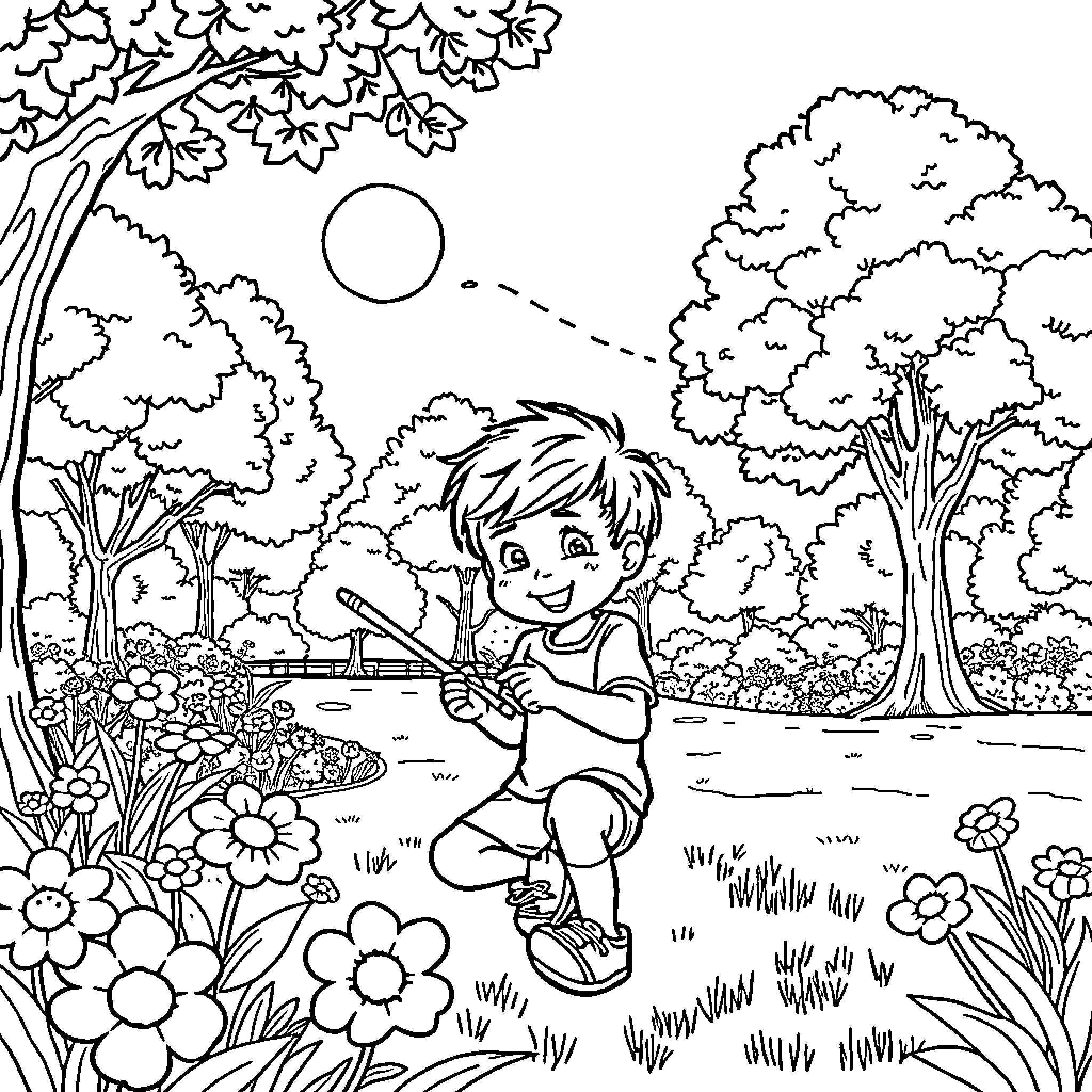 JJ Playing Joyfully in the Flowery Meadow Coloring Page (free black-and-white line drawing printable PDF for all, from beginners to advanced learners, including children, teens, adults, and seniors)